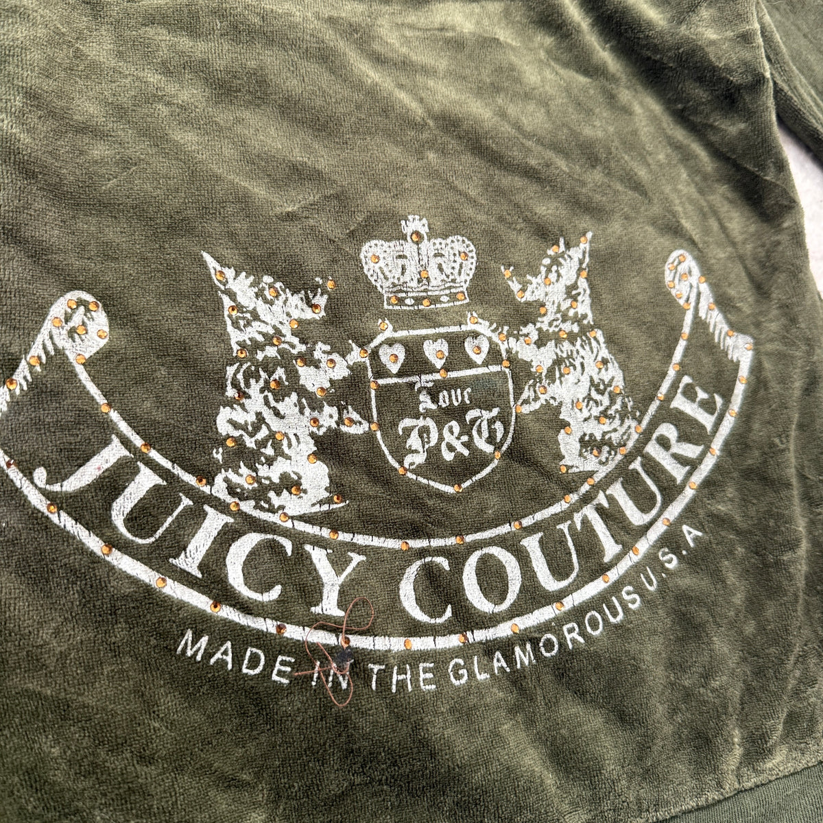 Vintage Juicy Couture Scottie Dogs Women Olive Green Velour Zip-Up Hoodie Size L