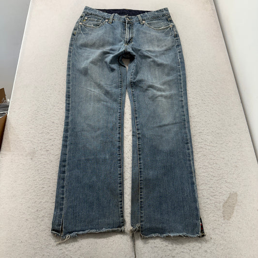 Seven7 Premium Womens Blue Bootcut Jeans Embroidered Pockets Distressed Hem - 34