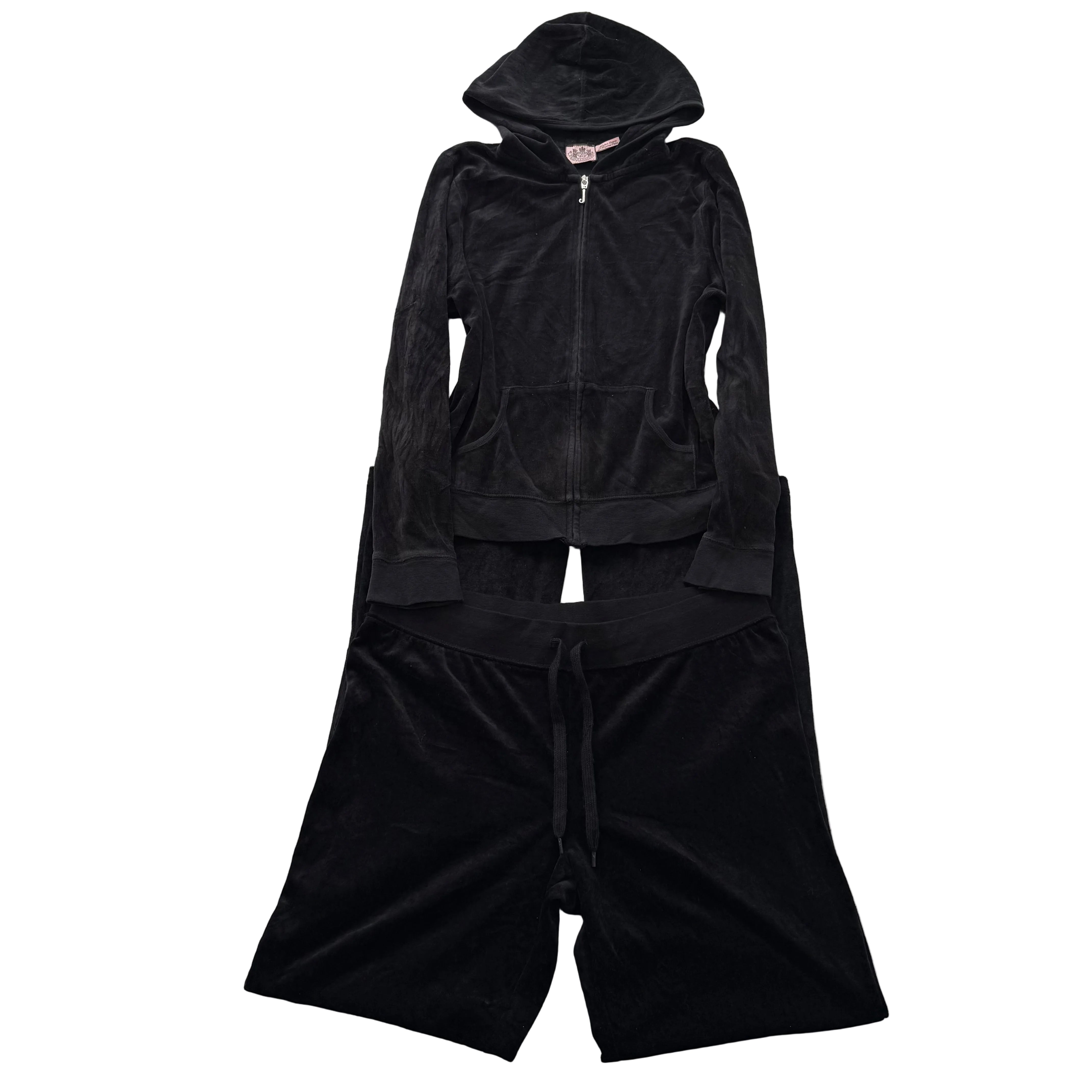 Vintage Juicy Couture Women's Black Velour Tracksuit Set Hoodie & Pant Size L/XL
