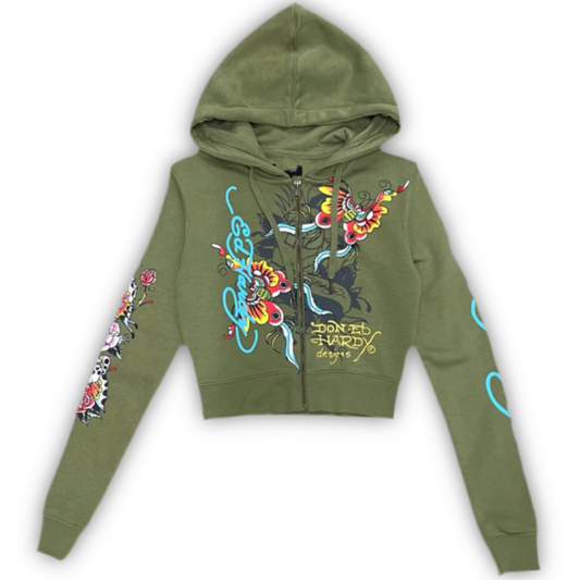 ED HARDY “BUTTERFLIES” SAGE CROPPED ZIP UP HOODIE - Clean Curriculums 