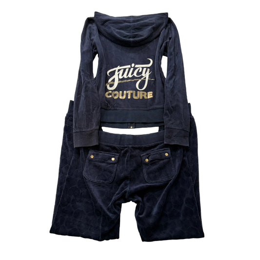 Juicy Couture Women's Navy Blue Velour Tracksuit Set Hoodie & Pants Y2K Size M