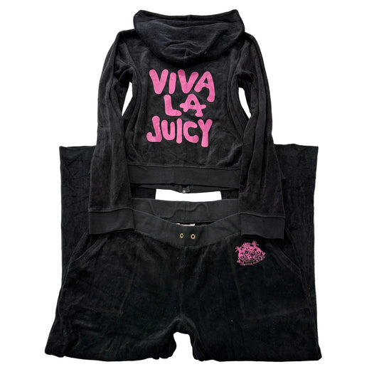 Juicy Couture Viva La Juicy Womens Black Velour Tracksuit Set Hoodie & Pant - XL