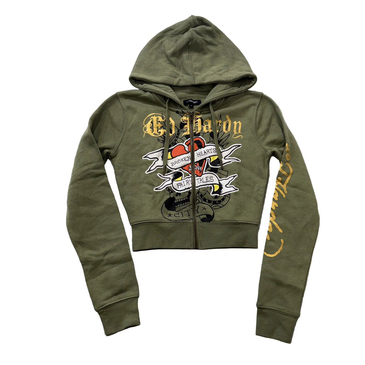Ed Hardy Broken Hearts Cropped Zip Up Hoodie Olive Size S photo 1