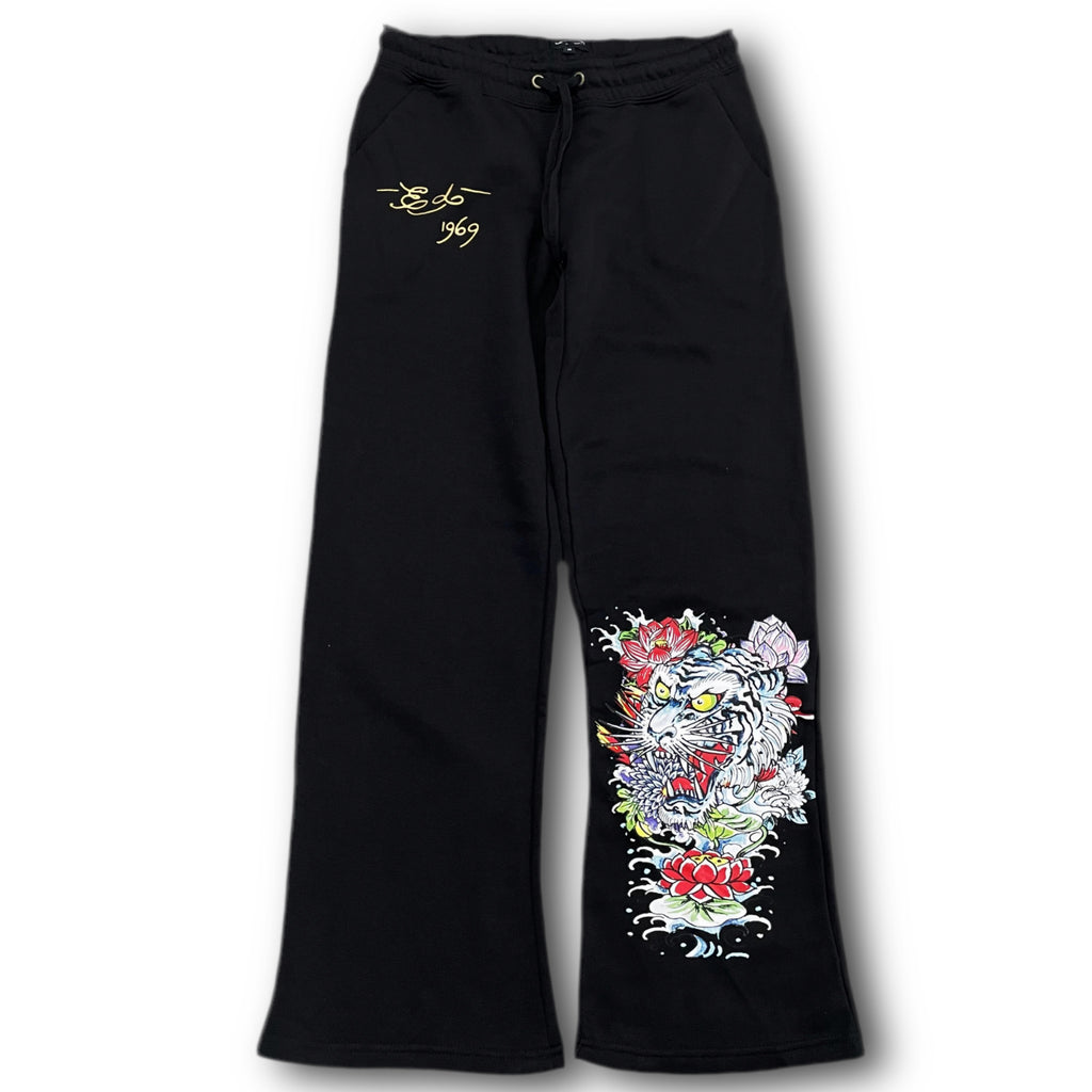 ED HARDY “Tiger Lotus” BLACK FLARE PANTS