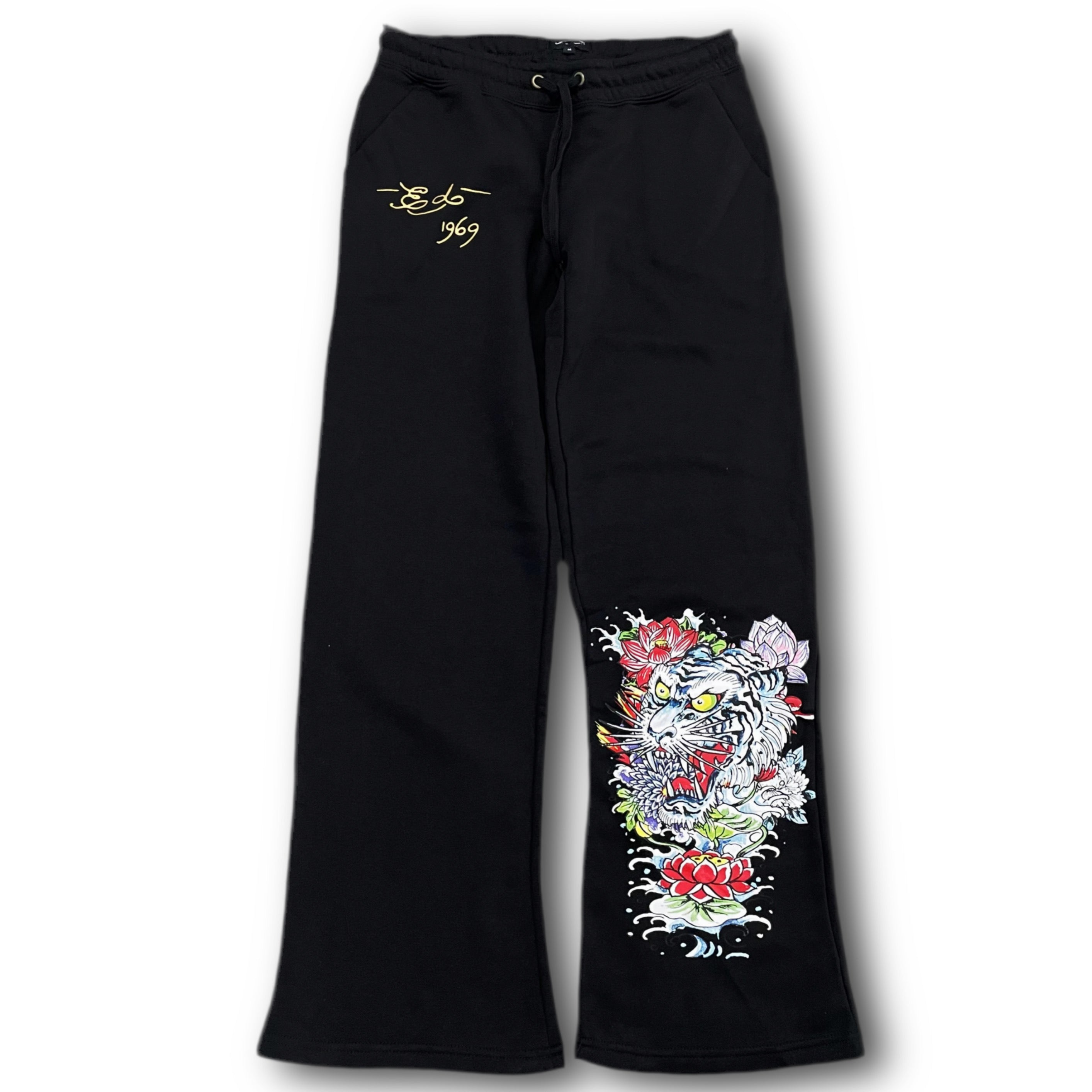 ED HARDY “Tiger Lotus” BLACK FLARE PANTS