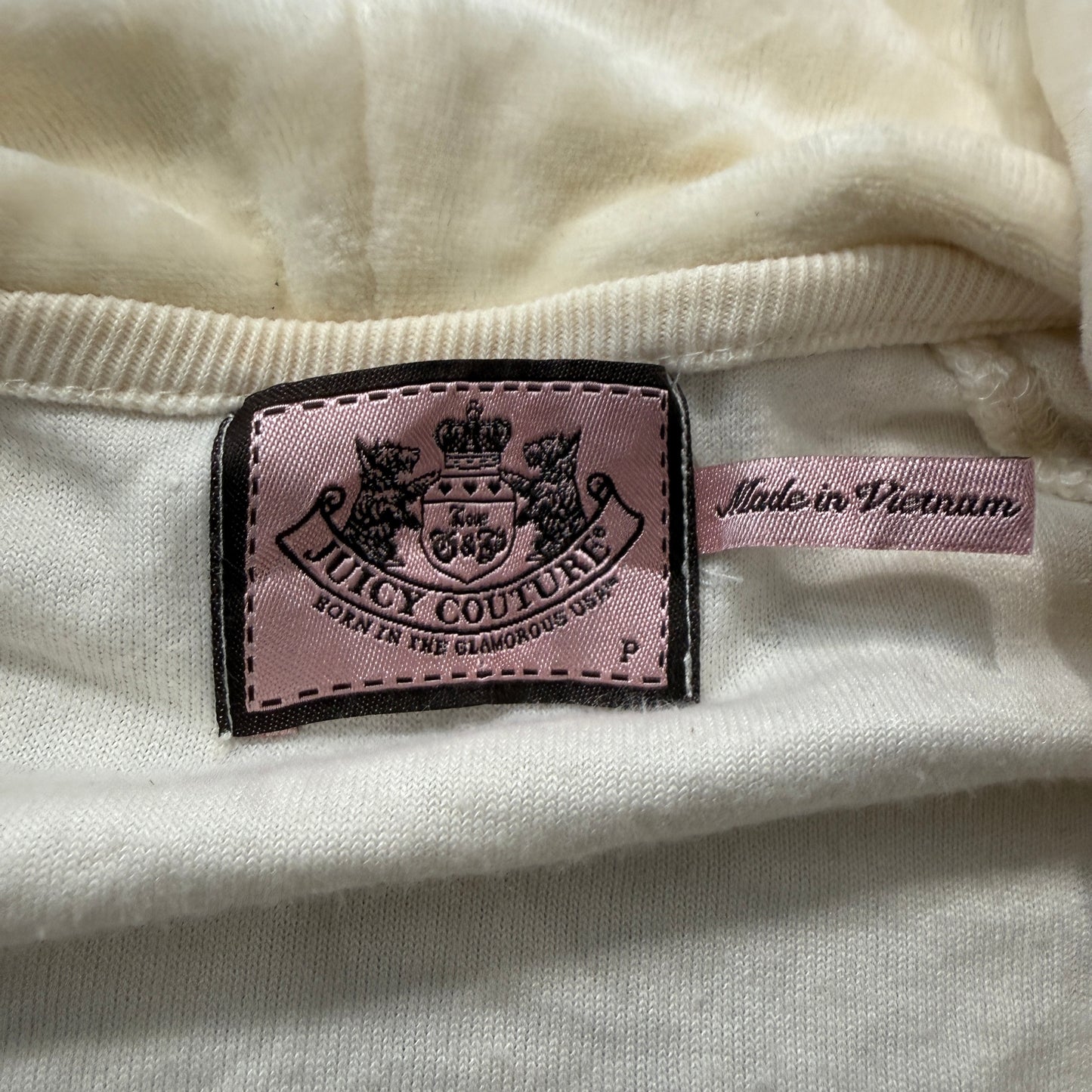 Juicy Couture Women's Cream Velour Zip-Up Hoodie Pockets Gold Chain Trim Size P