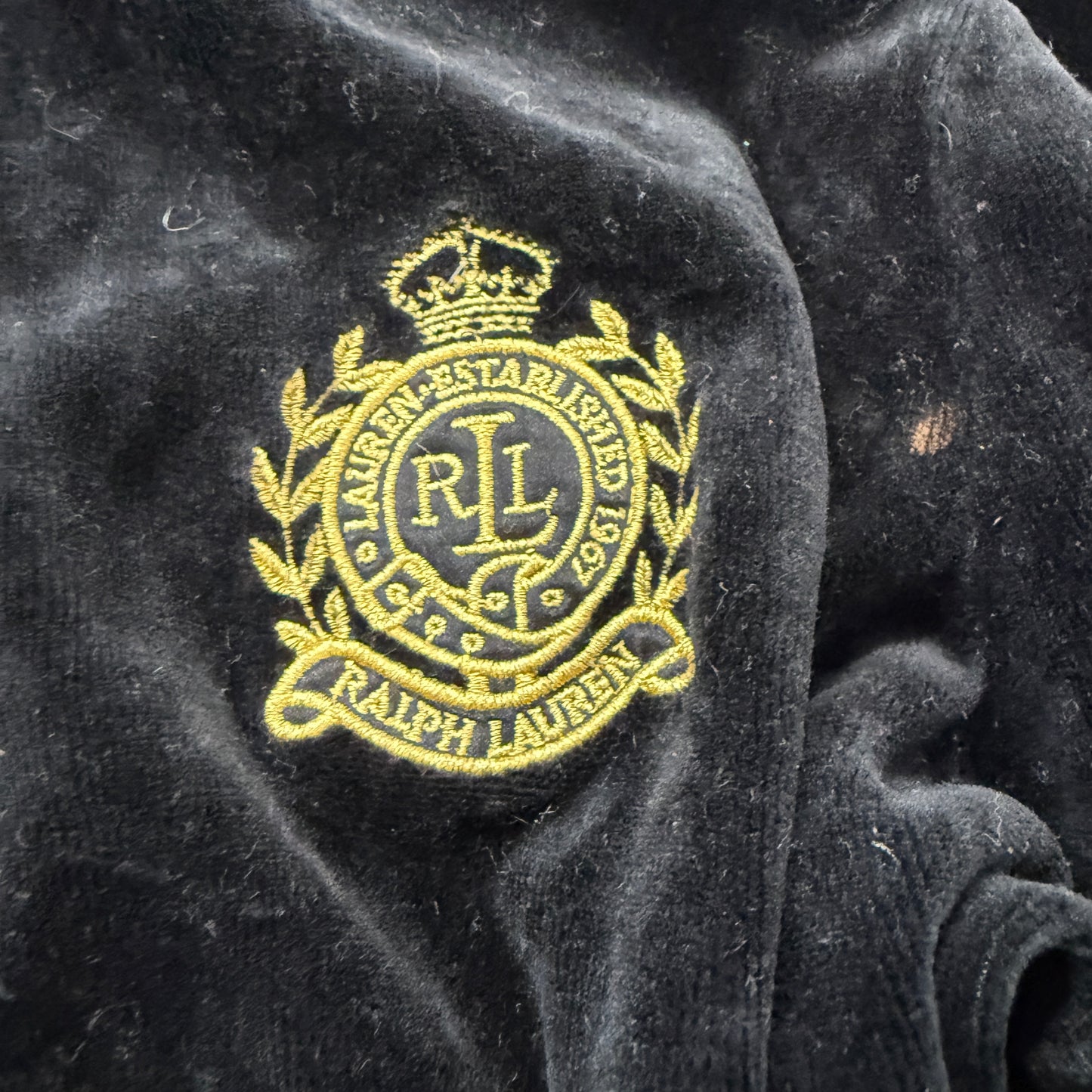 Ralph Lauren Active Women's Black Velour Zip-Up Track Jacket Gold Crest Logo - L