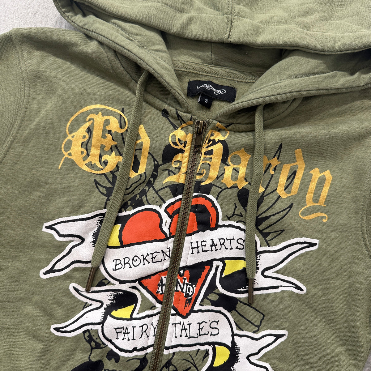 Ed Hardy Broken Hearts Cropped Zip Up Hoodie Olive Size S photo 3