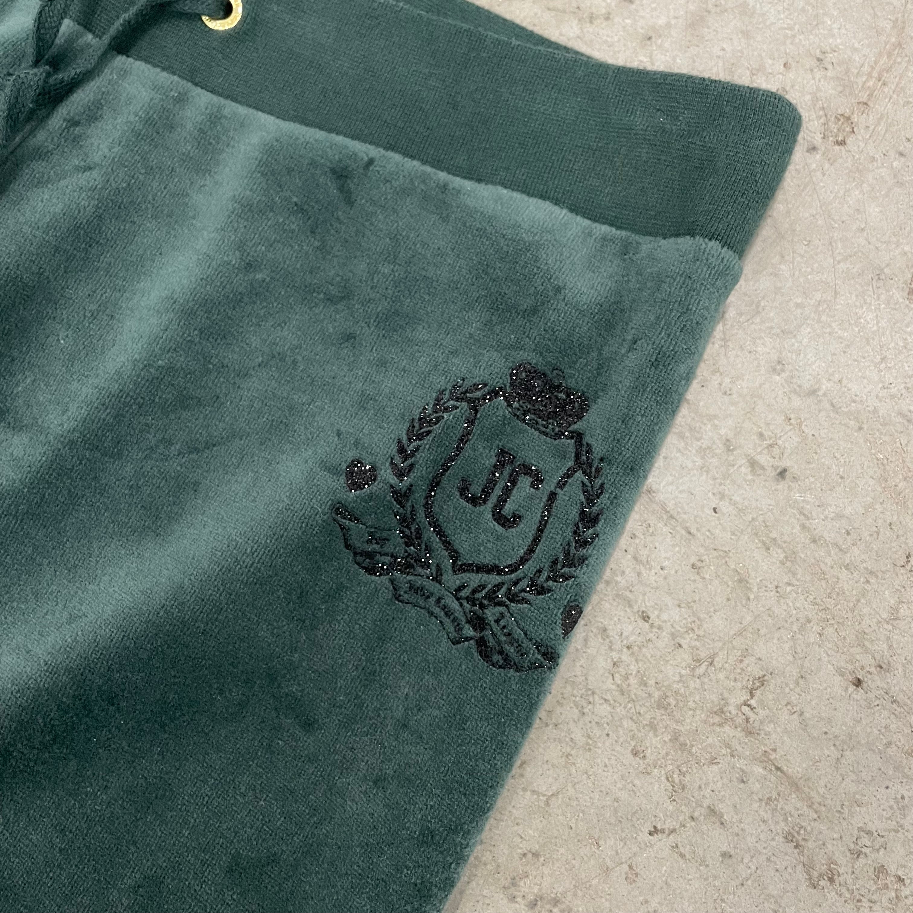 Vintage Juicy Couture Dark Green Velour Crest Logo Pants Size S