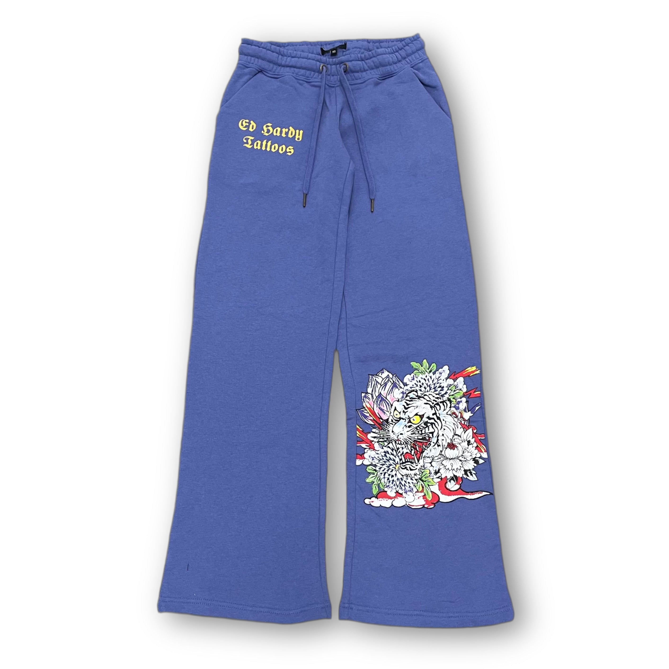 ED HARDY “Tiger Lotus” BLUE FLARE PANTS