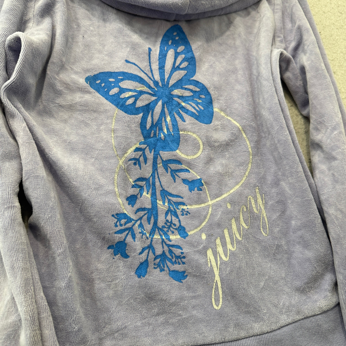 Vintage Juicy Couture Women's Lavender Zip-Up Hoodie Butterfly Graphic Size S