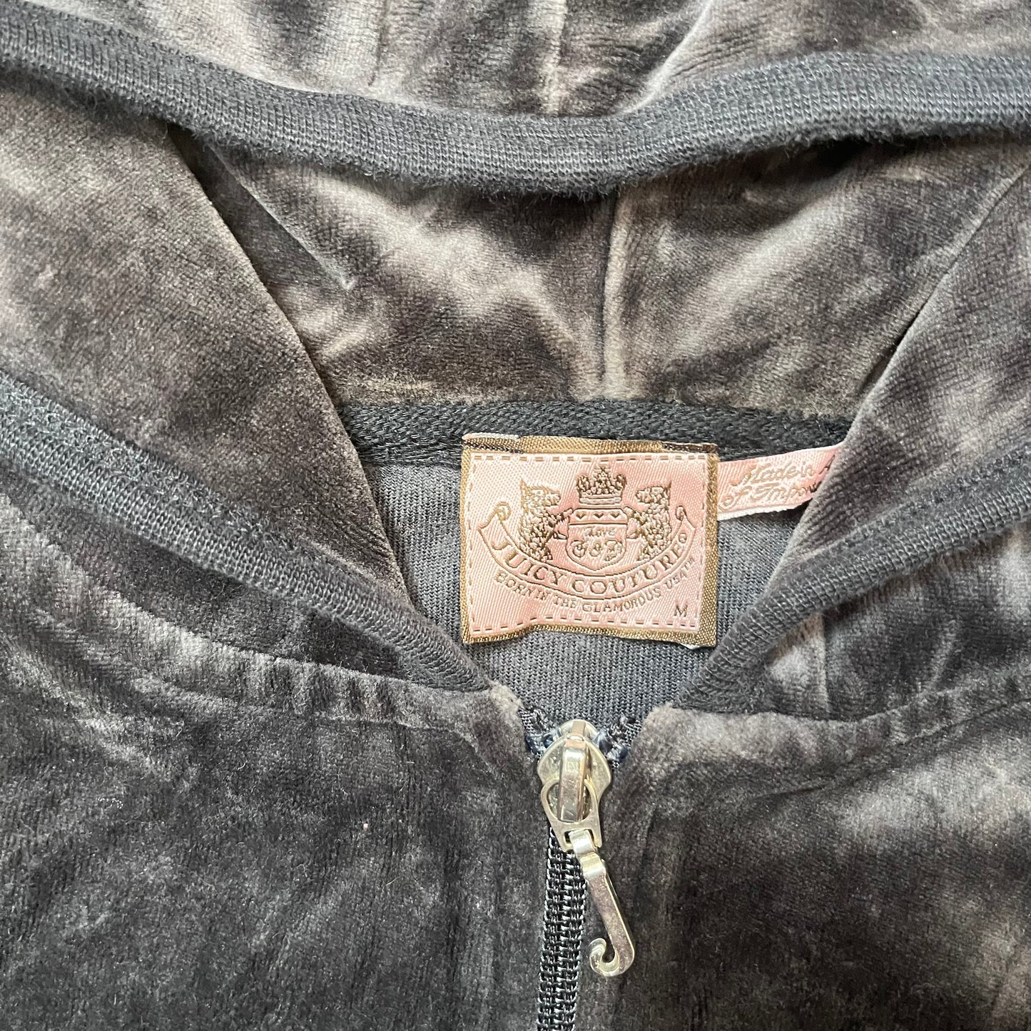 Juicy Couture Womens Charcoal Velour Zip-Up Hoodie Butterfly Graphic Logo Size M