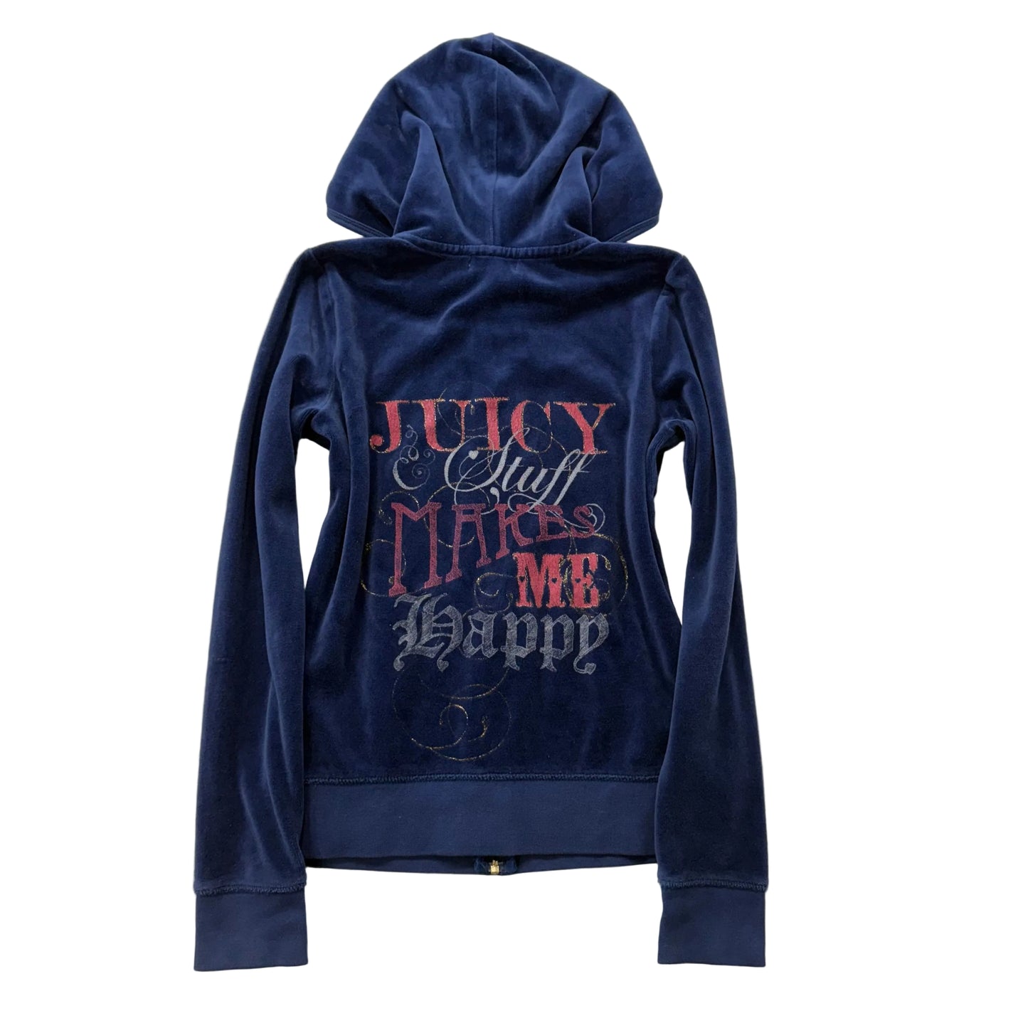 Juicy Couture Women Navy Velour Juicy Stuff Make Me Happy Graphic Hoodie Size 12