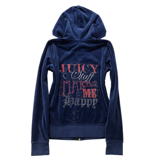 Juicy Couture Women Navy Velour Juicy Stuff Make Me Happy Graphic Hoodie Size 12