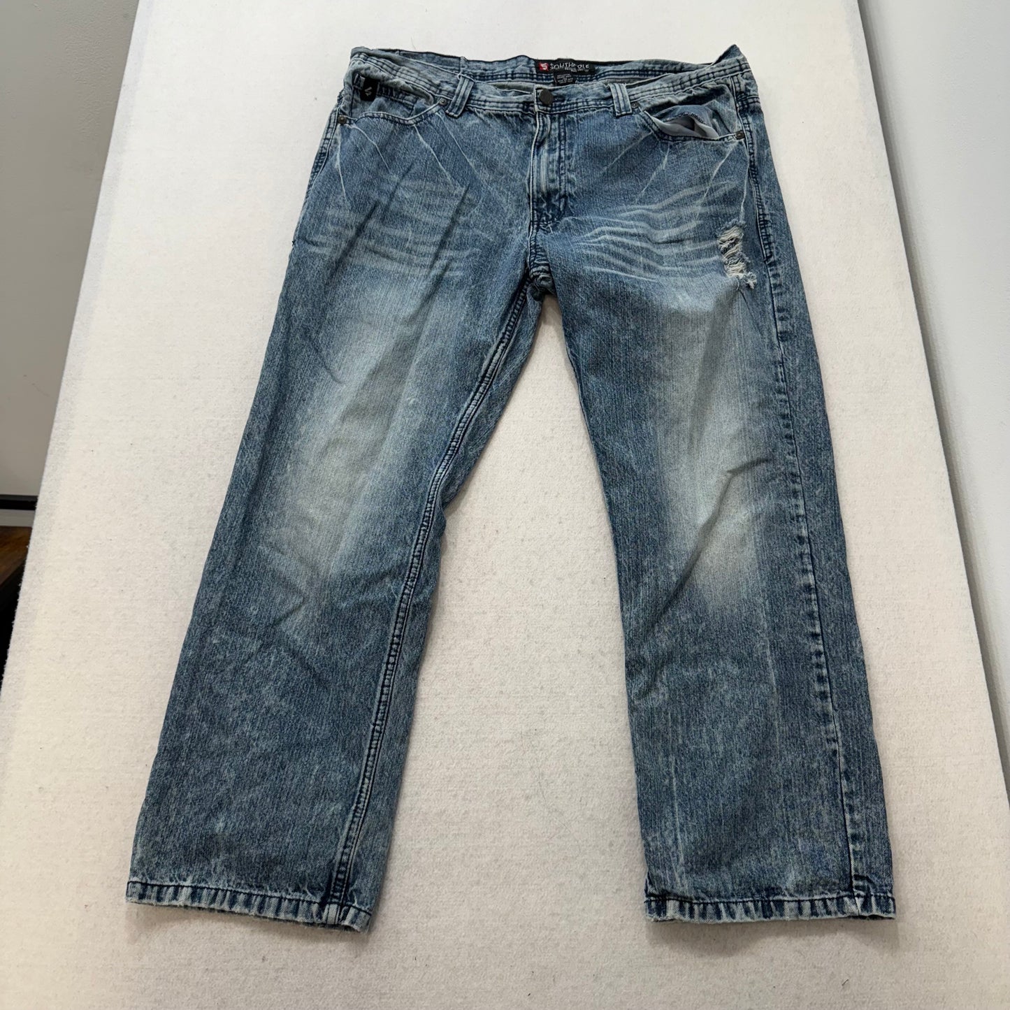Southpole Men's Acid Wash Blue Denim Relaxed Fit Baggy Distressed Jeans Size 38