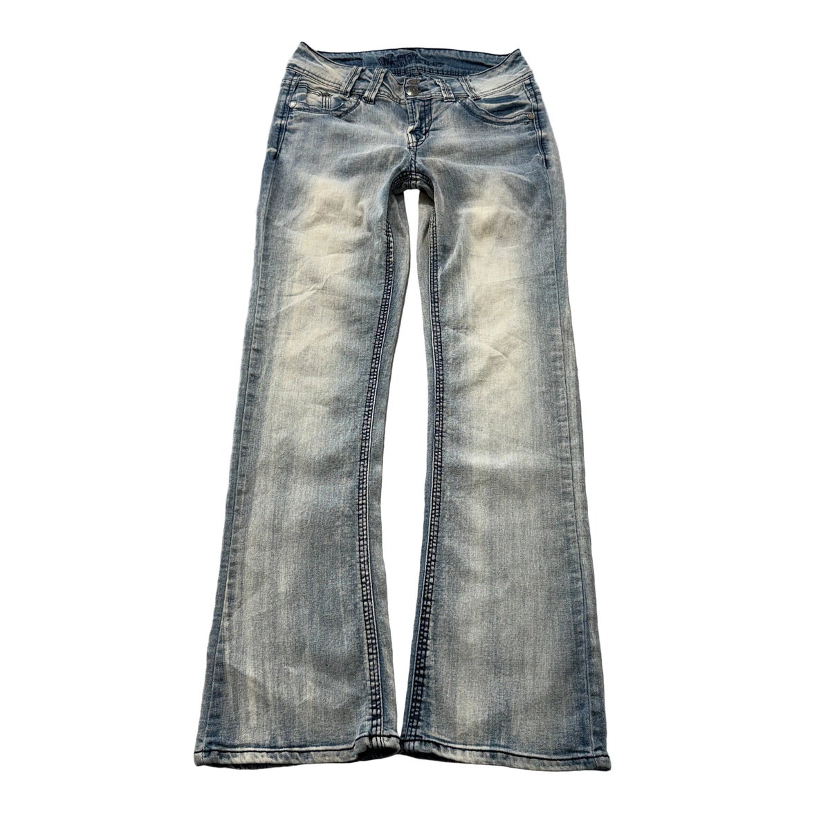 WallFlower distressed light wash flap pocket bootcut jeans size 9