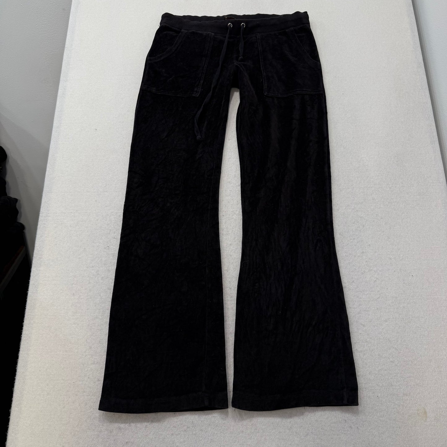 Vintage Juicy Couture Women's Black Flared Track Pants Back Snap Pockets Size L