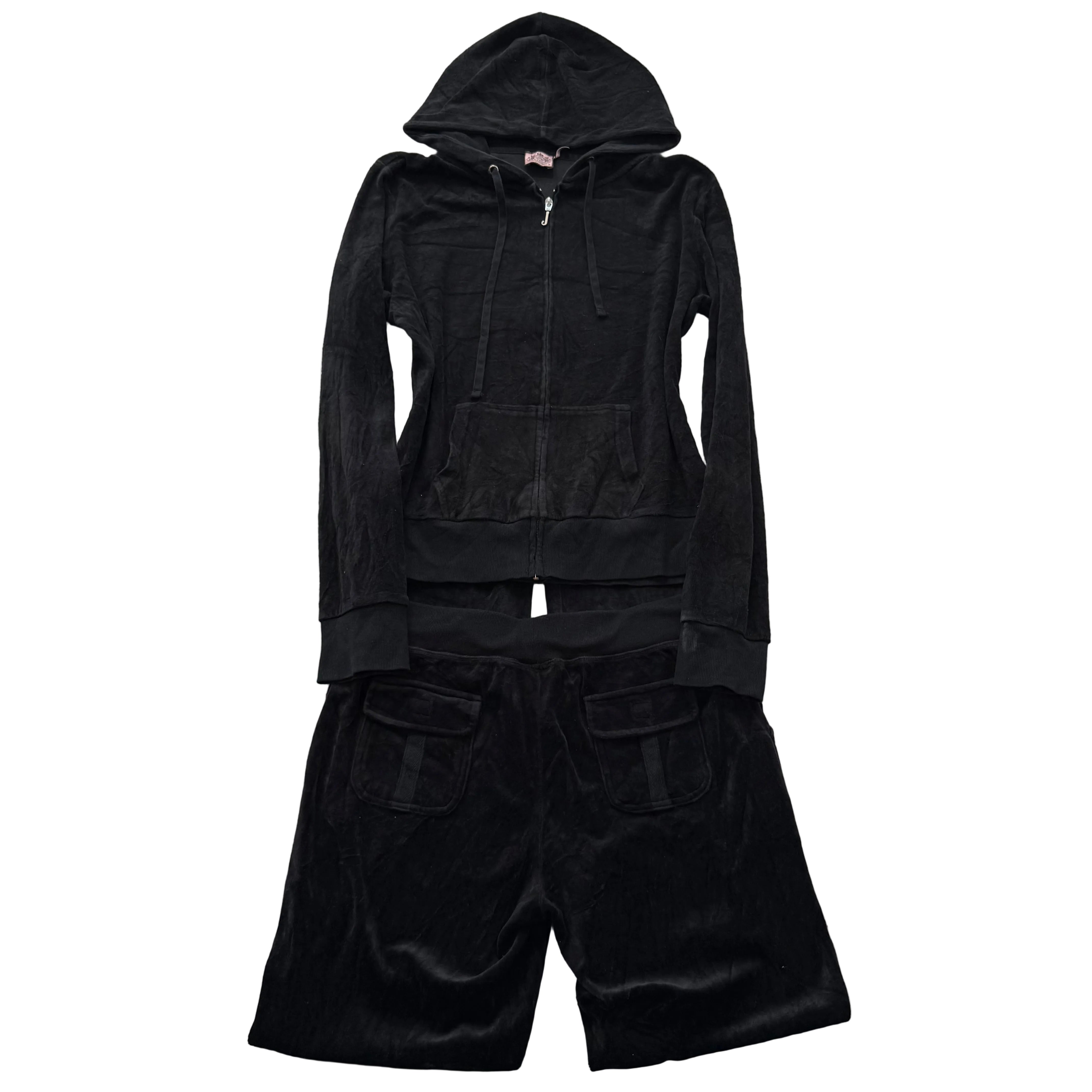 Juicy Couture Women's Black Velour Tracksuit Set Zip-Up Hoodie & Pant Size XL