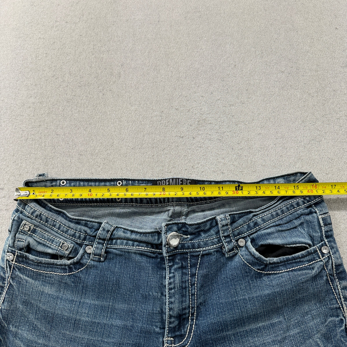 Premiere by rue21 Women Blue Denim Bootcut Jeans Embellished Pockets Size 13/14R