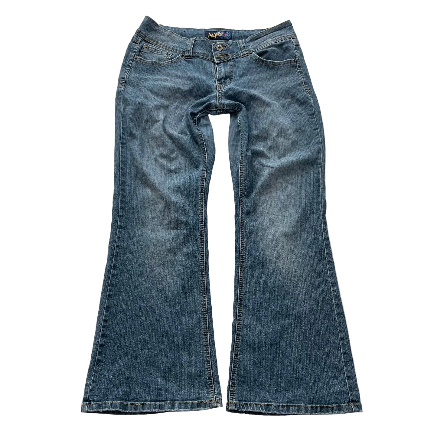 Angels Women's Blue Flared Leg Bootcut Jeans Back Flap Pockets Classic Size W32