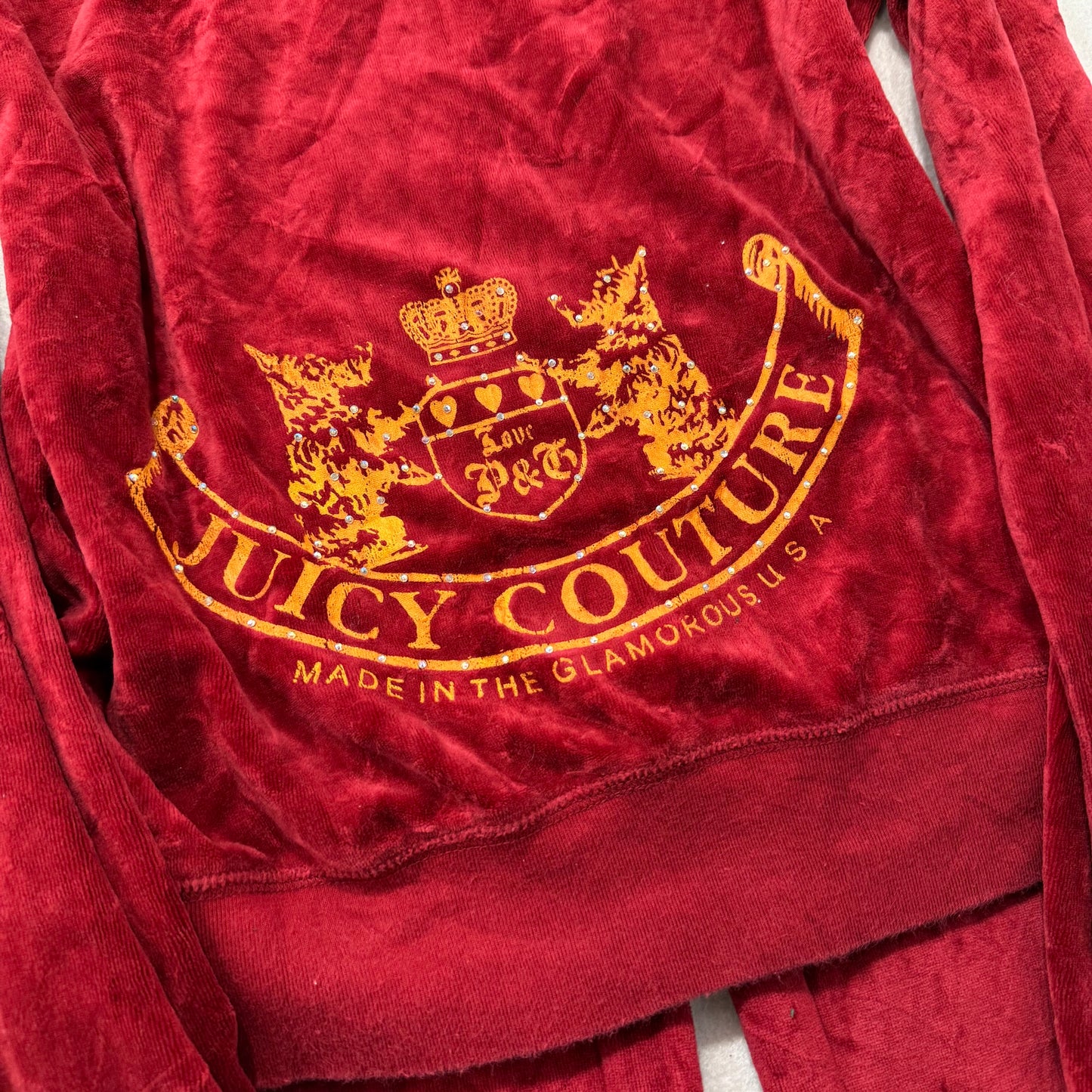 Juicy Couture Ruby Red Velour Tracksuit Set Zip-Up Hoodie & Flared Pant Size S/M