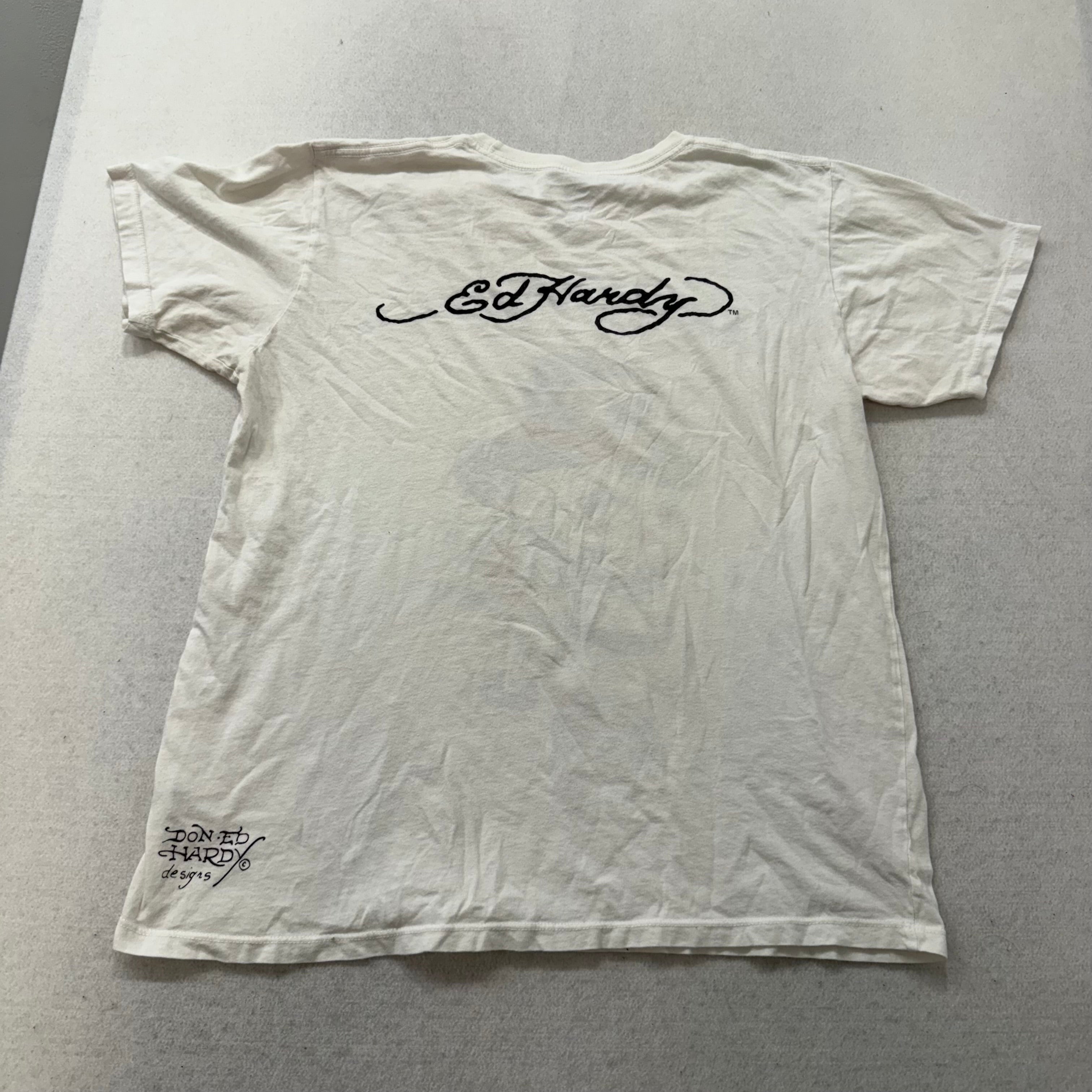 Ed Hardy Men's White Cotton T-Shirt Short Sleeves Skull Graphic Logo Tee Size L