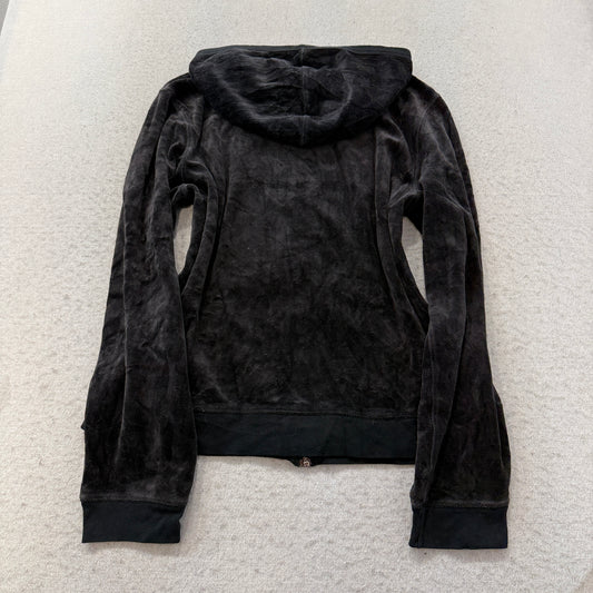 Vintage Juicy Couture Women's Black Velour Zip-Up Hoodie Pockets Classic Size L