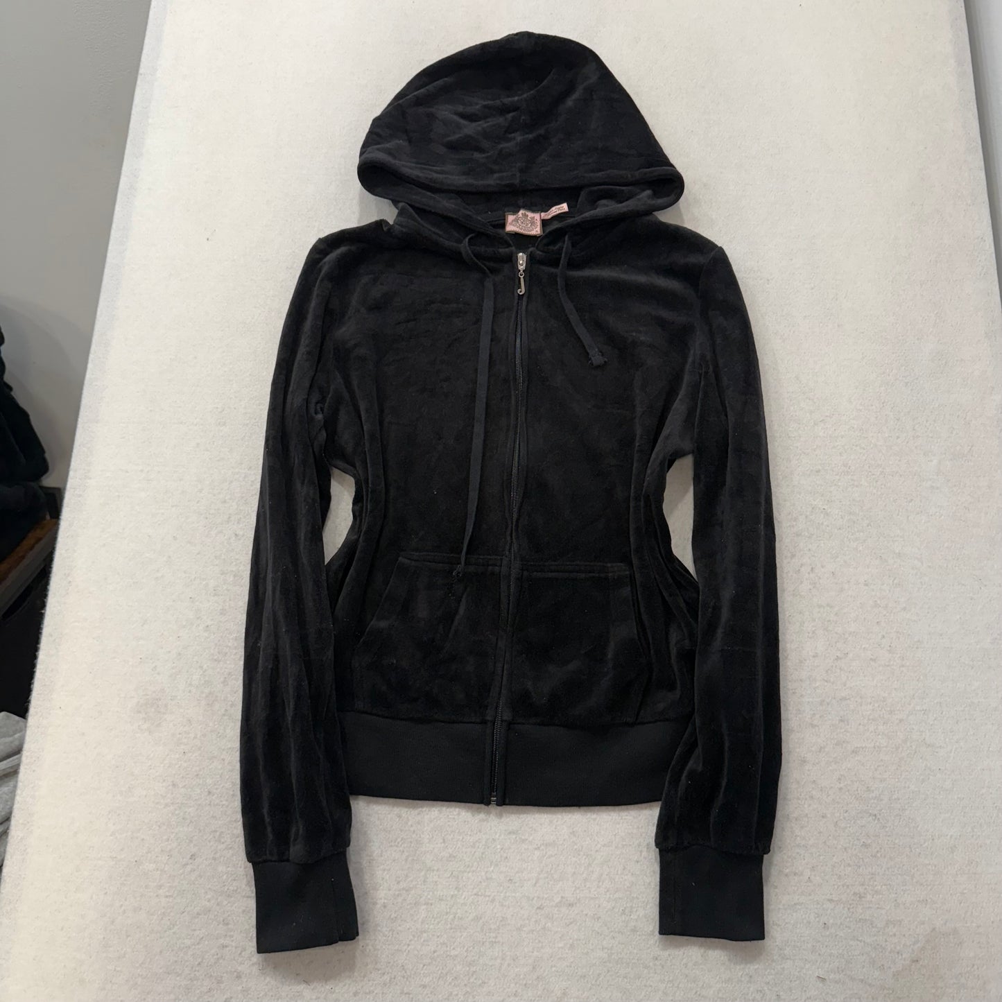 Juicy Couture Black Velour Tracksuit Set Zip Up Hoodie & Flare Pant Logo Size XL