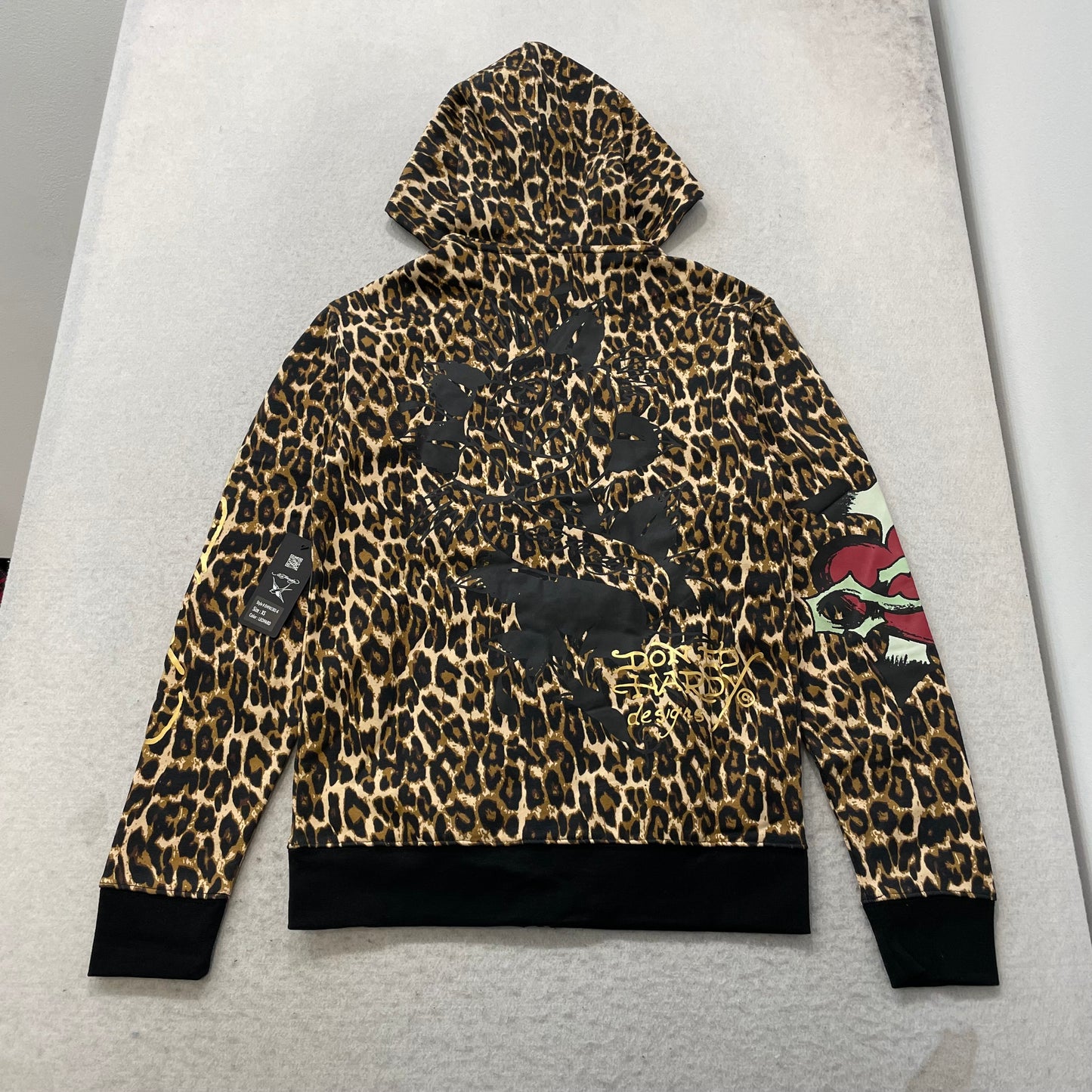 Ed Hardy Heart Tattoo Graphic Women's Leopard Print Zip-Up Fleece Hoodie Size XS