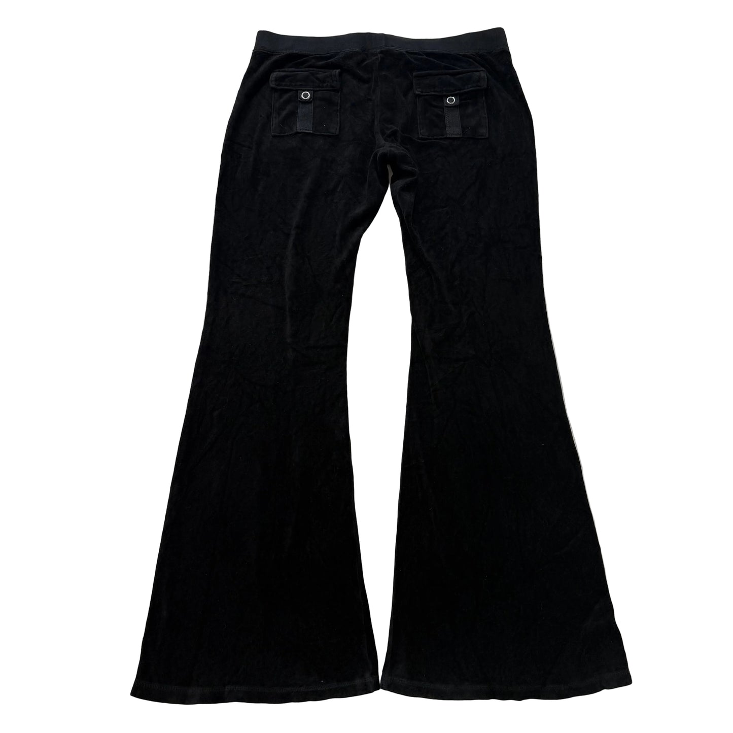 Vintage Juicy Couture Women's Black Velour Flared Track Pant Snap Pockets Size L