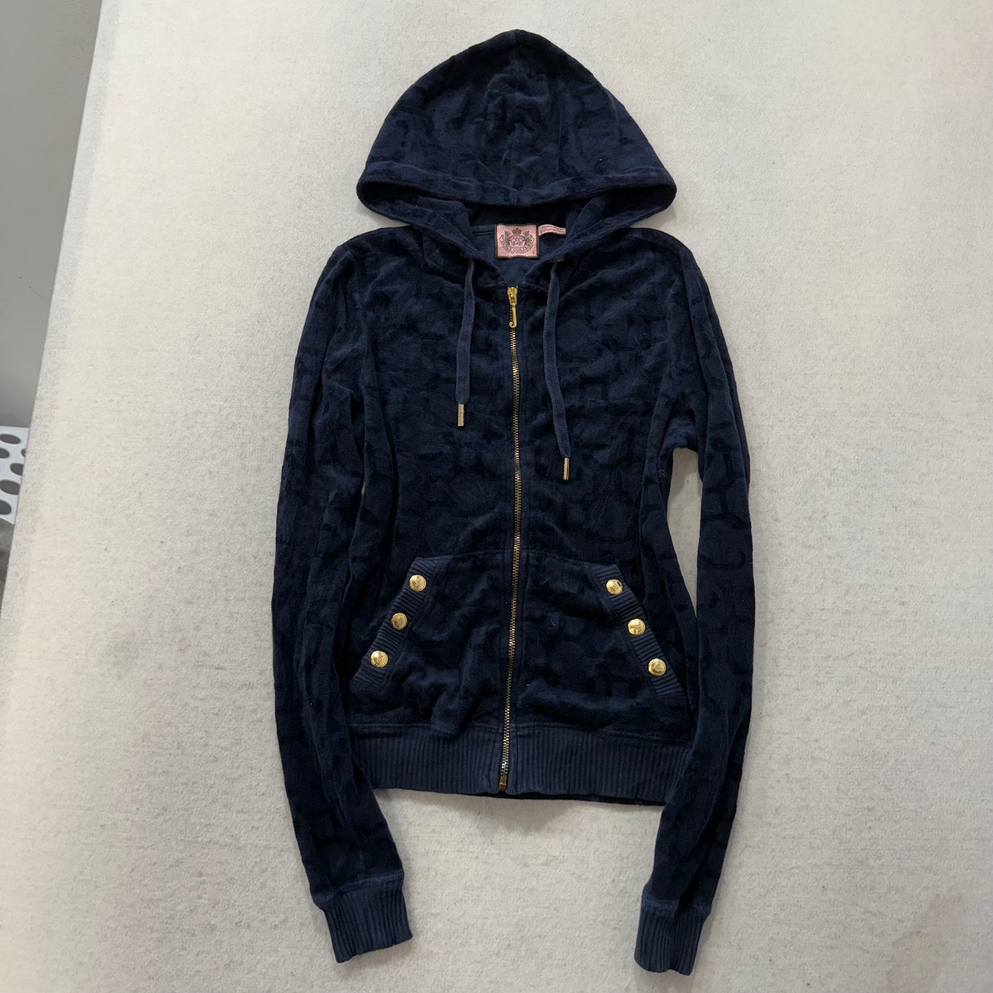 Vintage Juicy Couture Women Navy Terrycloth Butterfly Print Zip-Up Hoodie Size S