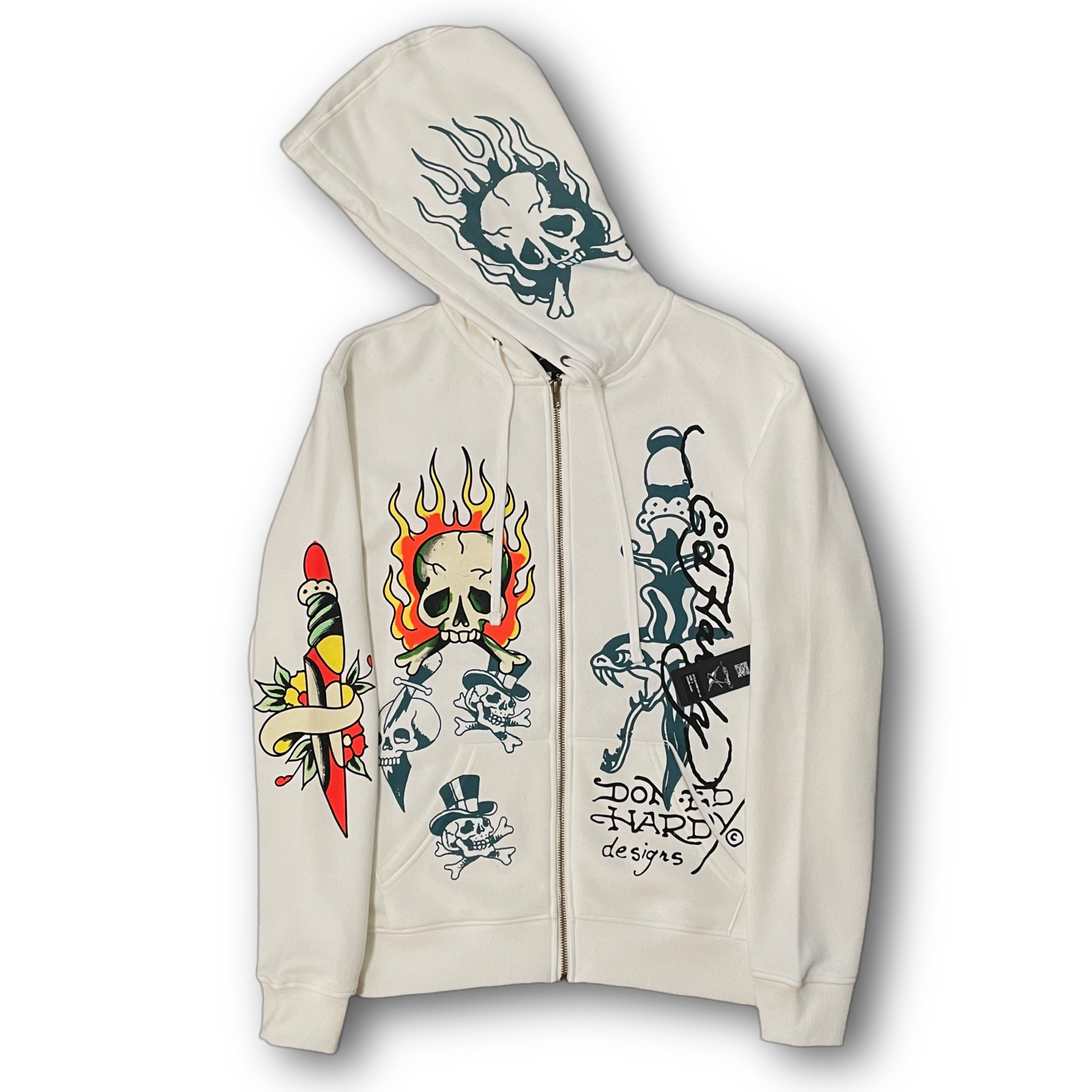 ED HARDY “flaming skull” WHITE ZIP UP HOODIE