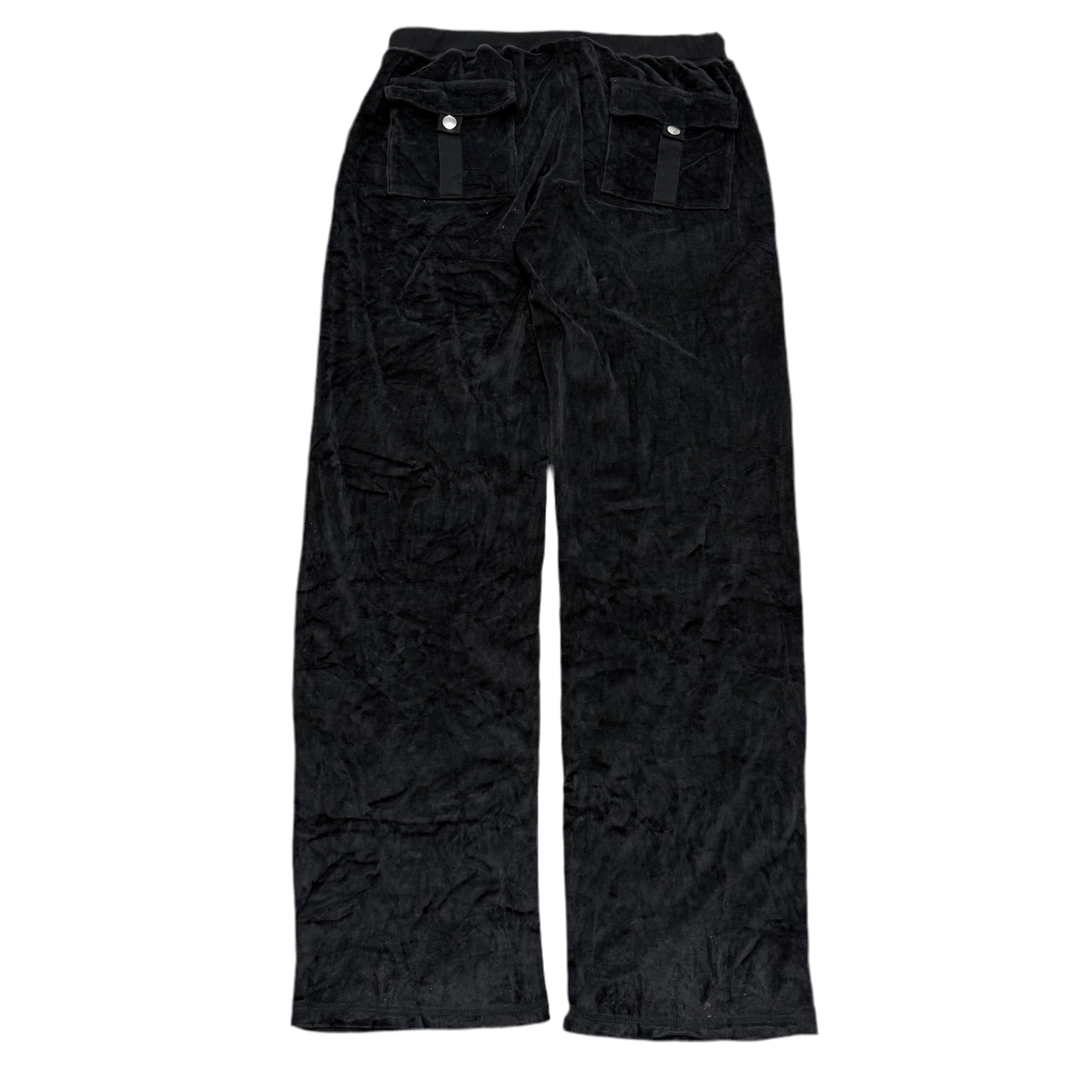 Black VINTAGE Velour Juicy Couture Wide-Leg Pants w/ RARE BACK SNAP POCKETS