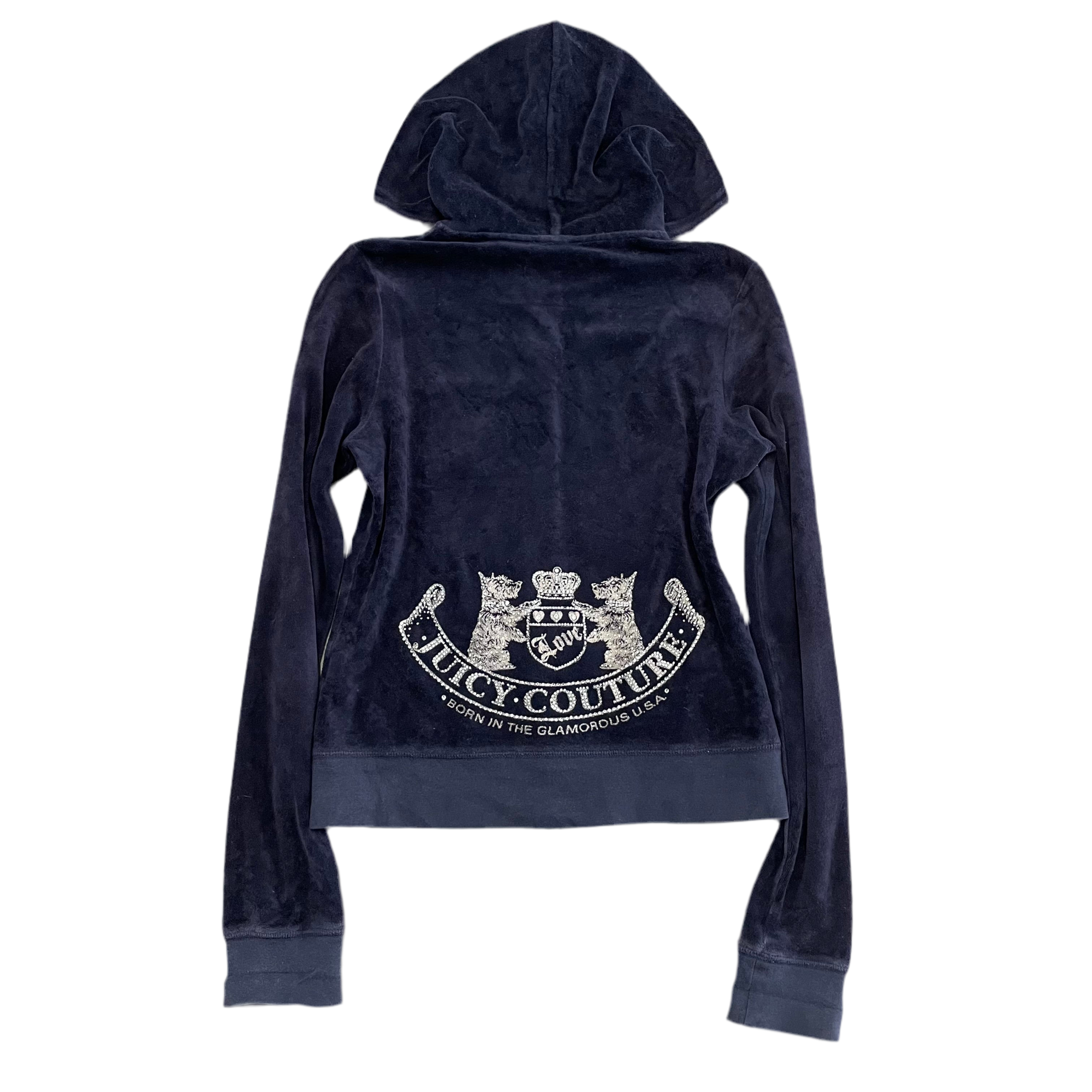 Vintage Juicy Couture “Scottie Dogs” Velour Rhinestone Navy Zip Up Hoodie Size M