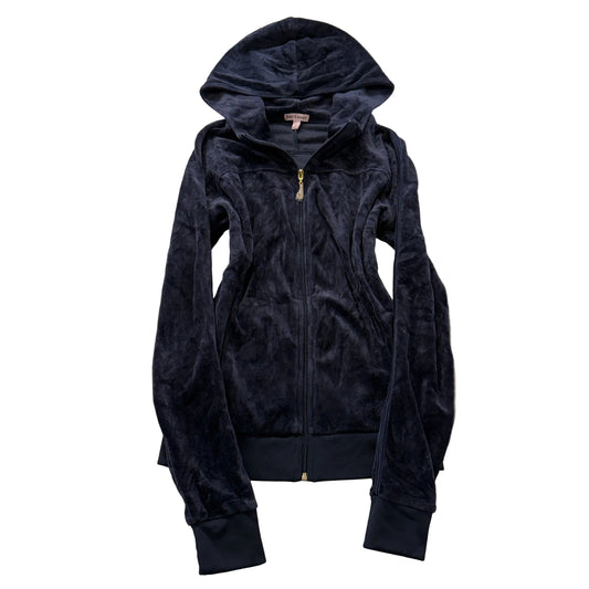 Juicy Couture Women's Navy Blue Velour Zip-Up Hoodie Pockets Classic Y2K Size M