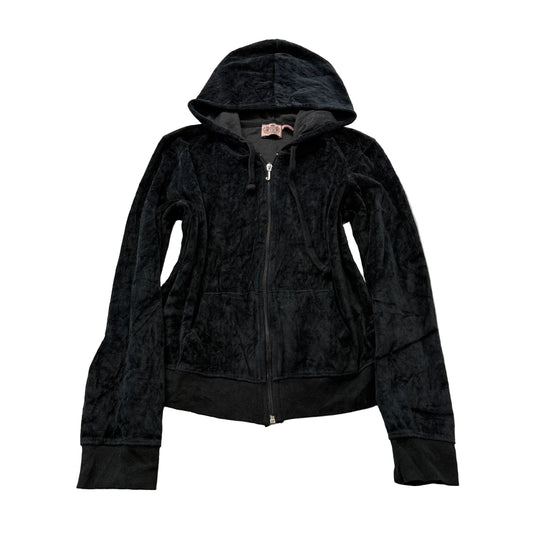 Juicy Couture Women's Black Velour Zip-Up Hoodie Pockets Drawstring Y2K Size XL