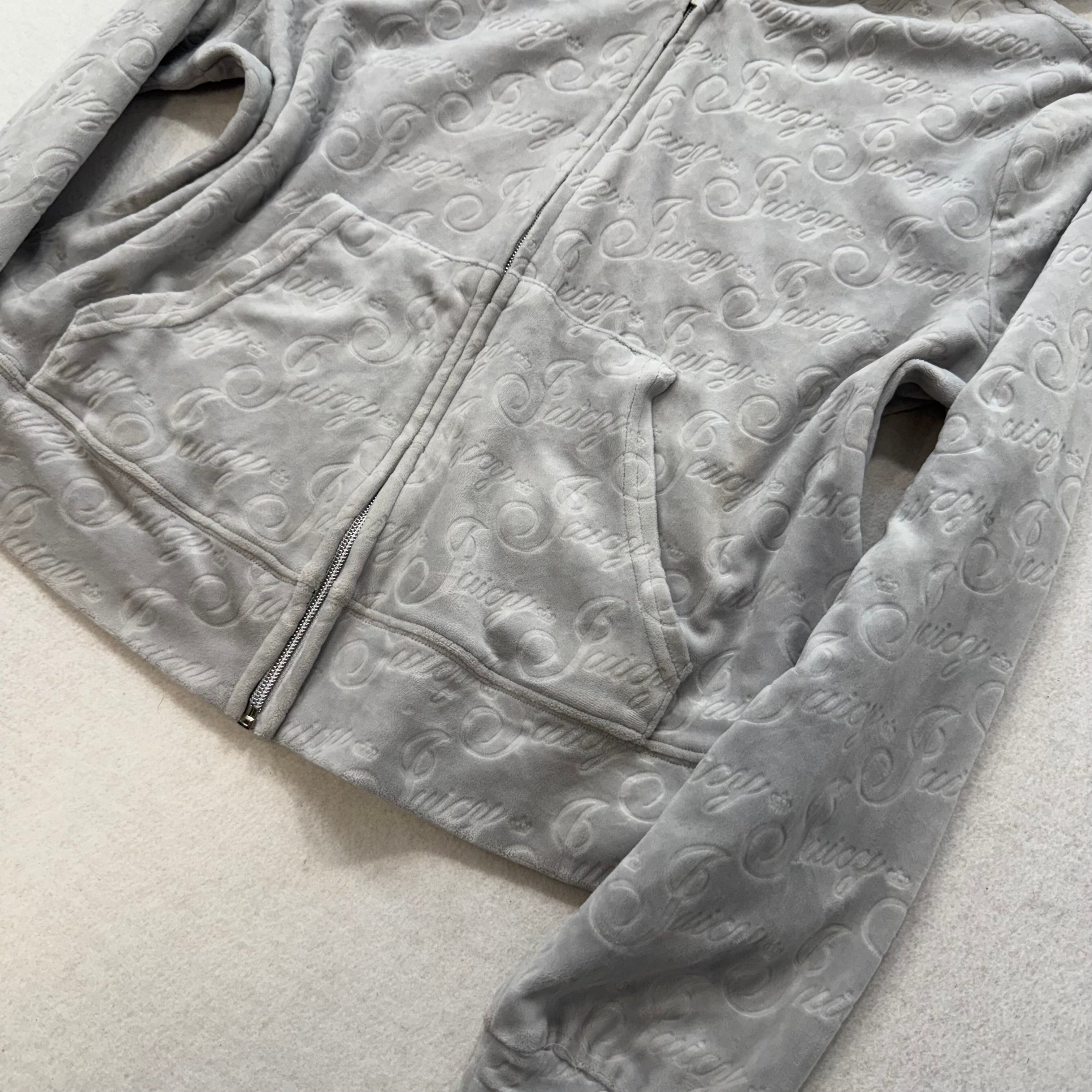 Vintage Juicy Couture Women's Gray Velour Full Zip Hoodie Juicy Embossed Size L