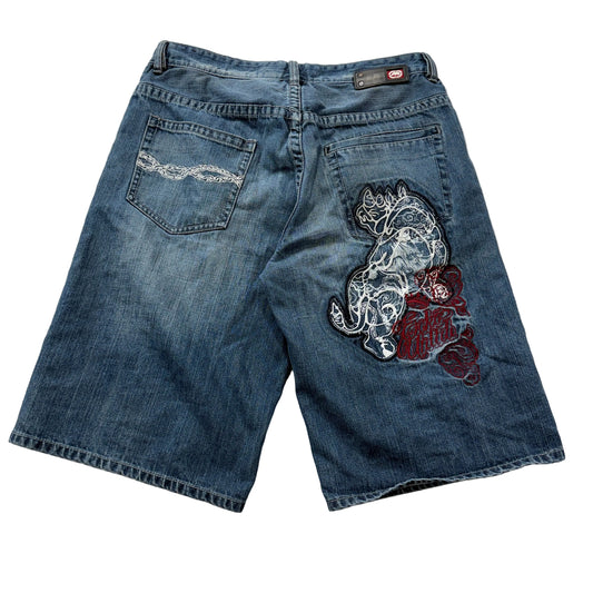 Ecko Unltd. Mens Blue Cut-Off Denim Shorts Baggy Fit Rhino Emroidery Size 36
