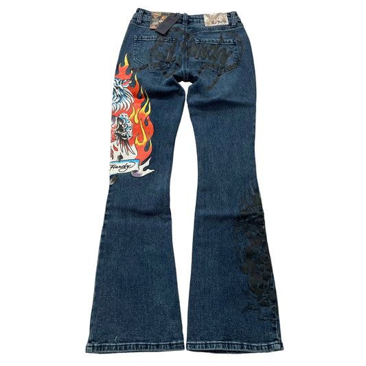 Ed Hardy Women's Blue Tiger Flame Graphic Flare Denim Jeans Y2K Tattoo Print