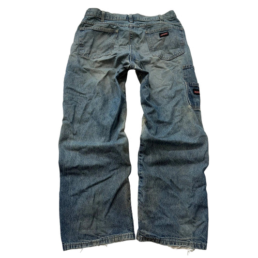 Dickies Men's Medium Blue Denim Carpenter Jeans Utility Pockets Logo Size 34