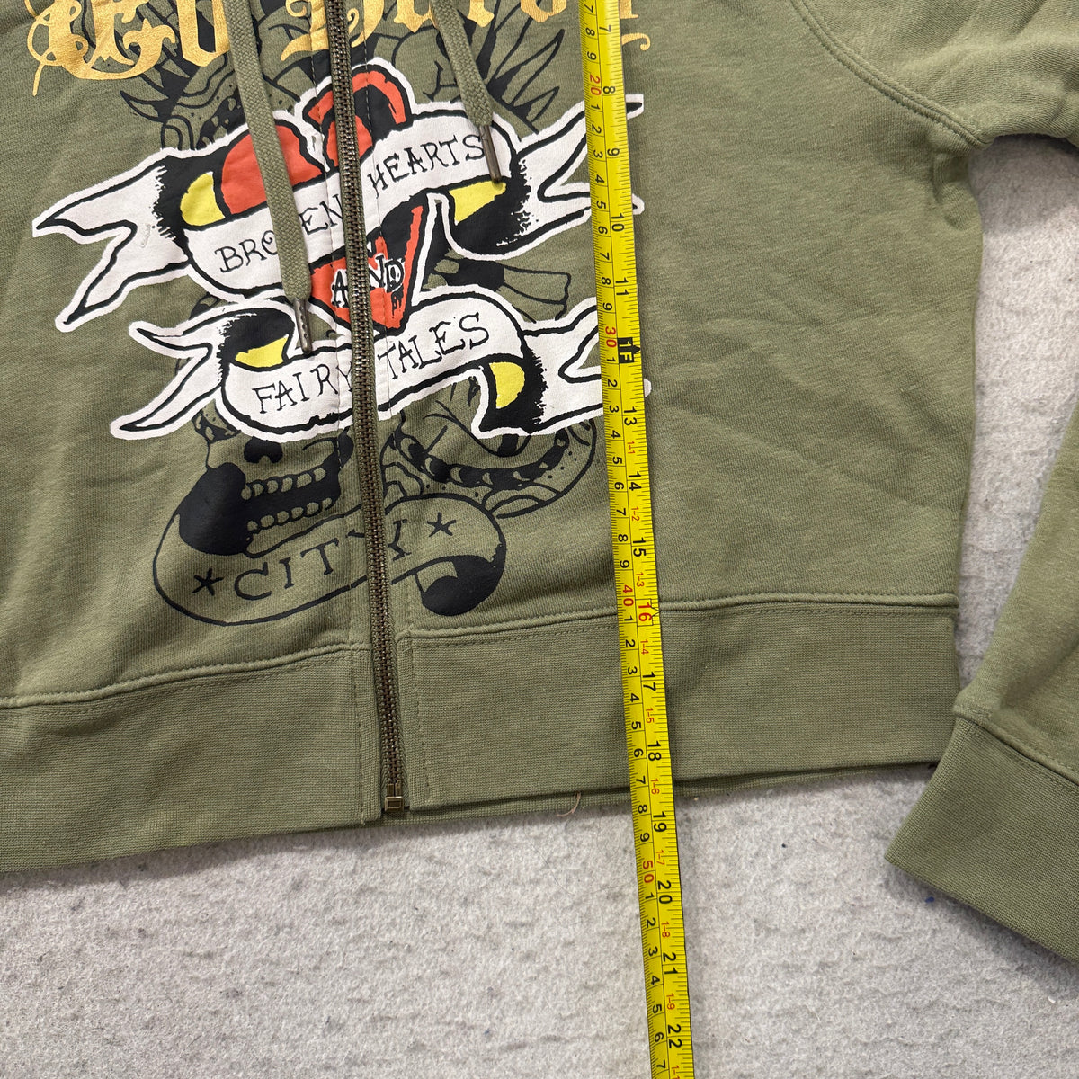 Ed Hardy Broken Hearts Cropped Zip Up Hoodie Olive Size S photo 5