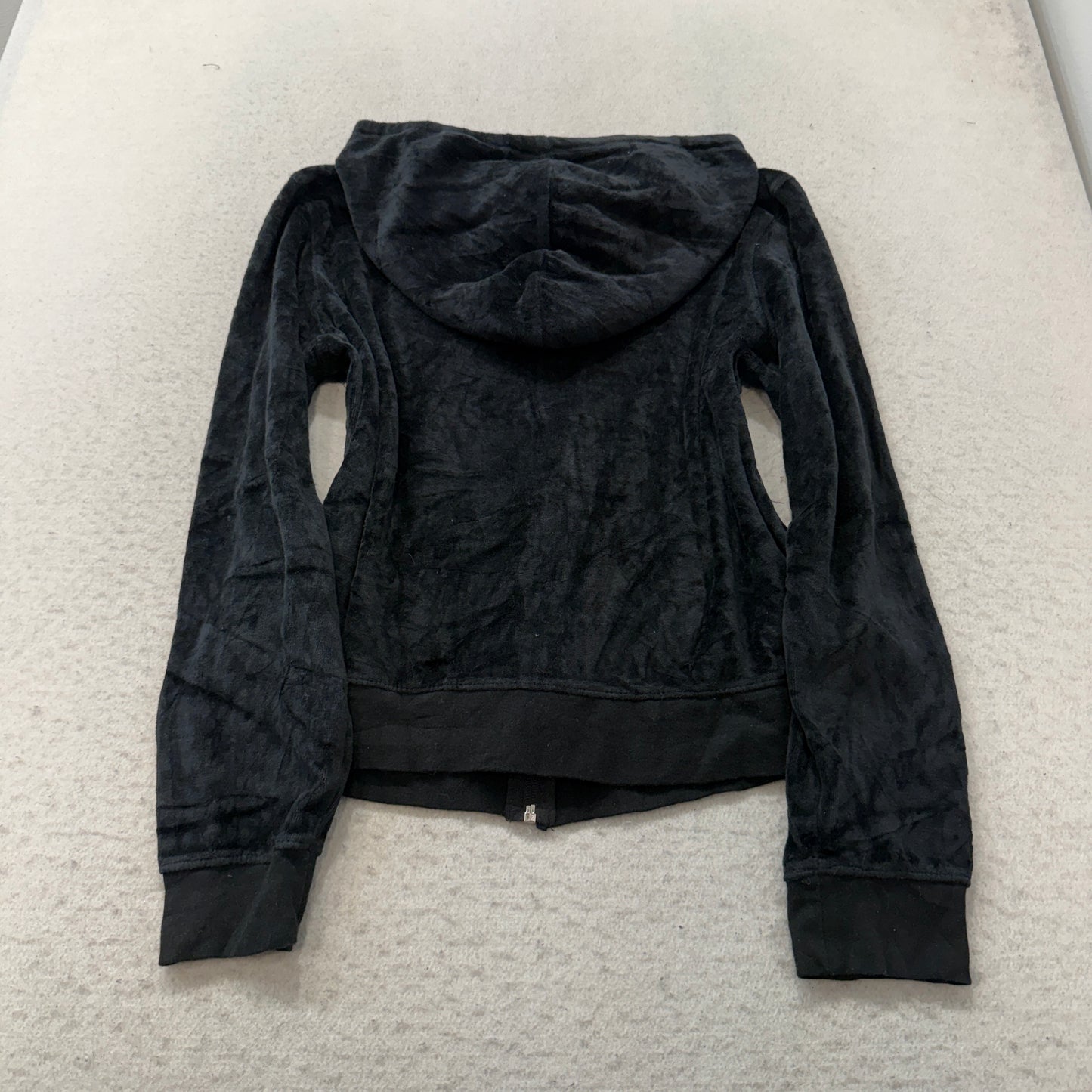 Juicy Couture Women's Black Velour Zip-Up Hoodie Pockets Drawstring Y2K Size XL