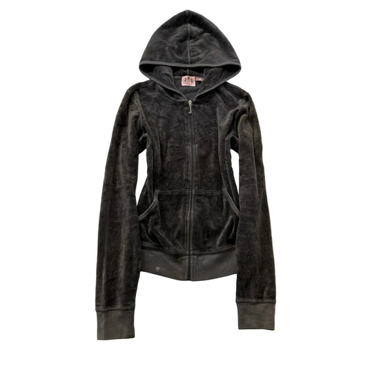Juicy Couture Women's Black Velour Zip-Up Hoodie Pockets Athleisure Y2K Size M