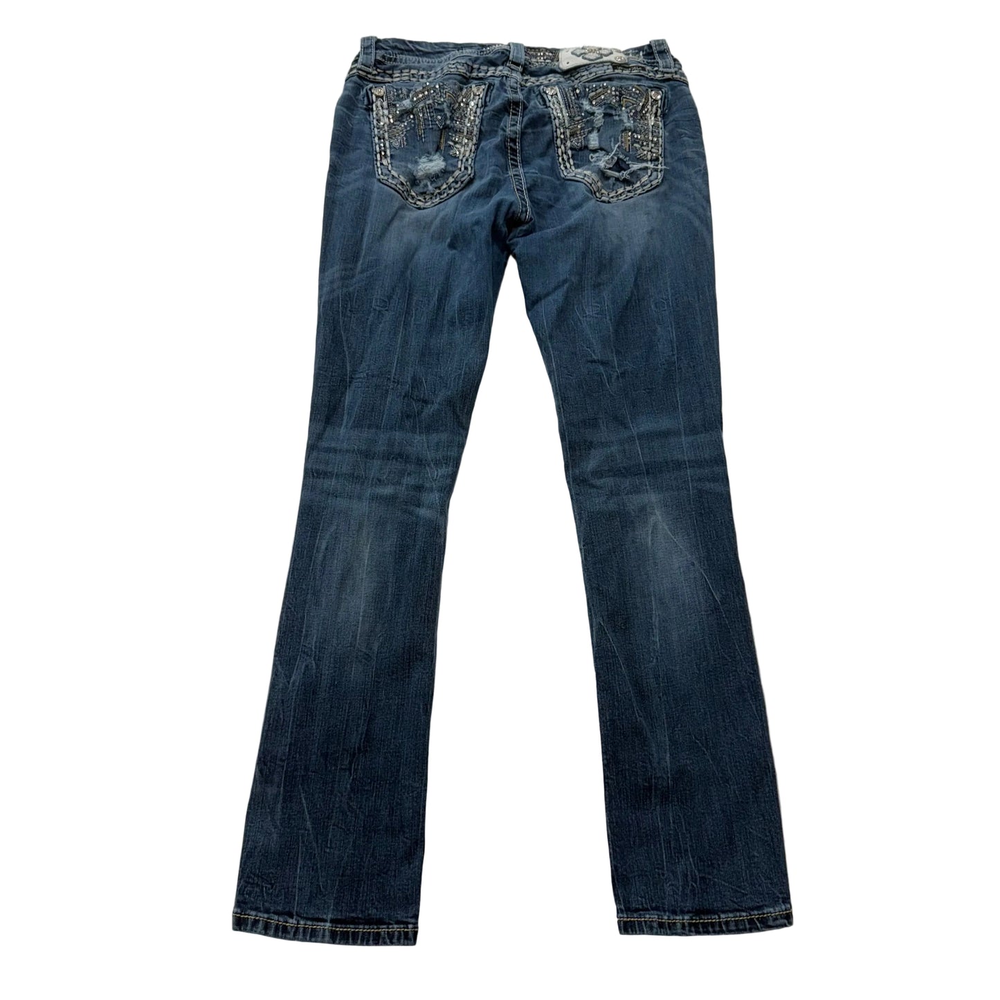 Miss Me Women Blue Denim Straight Leg Jean Embellished Rhinestone Pocket Size 30