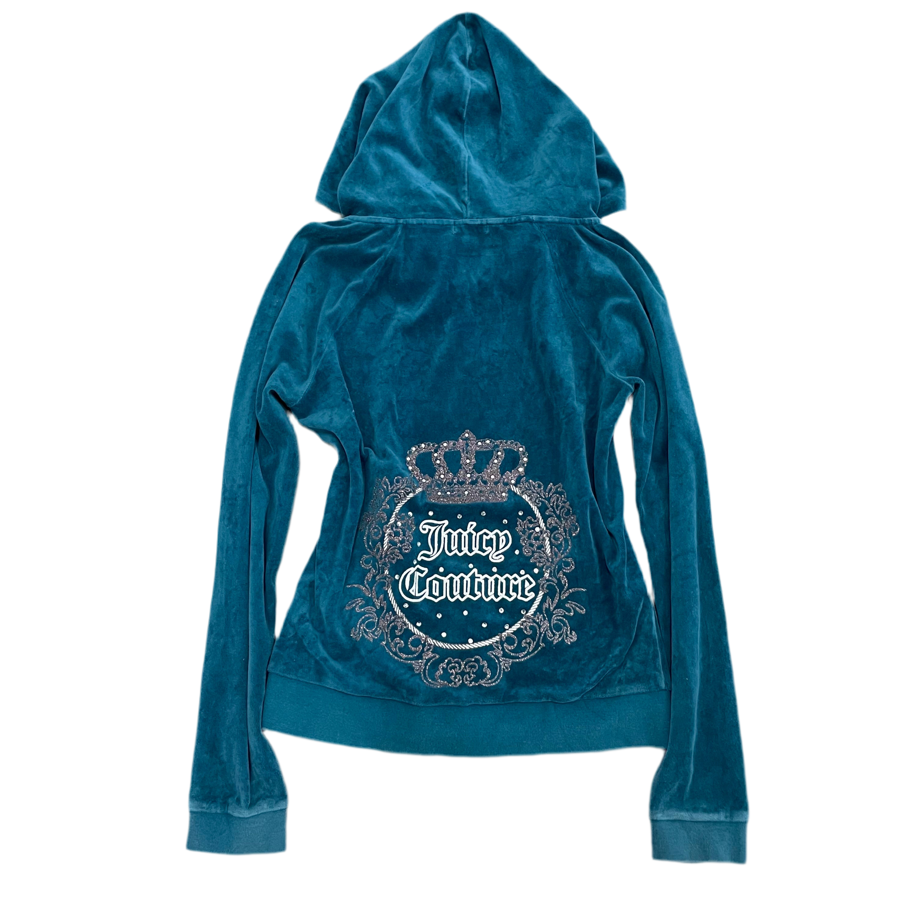 Vintage Juicy Couture Crown rhinestone Design Velour Teal Zip Up hoodie size S