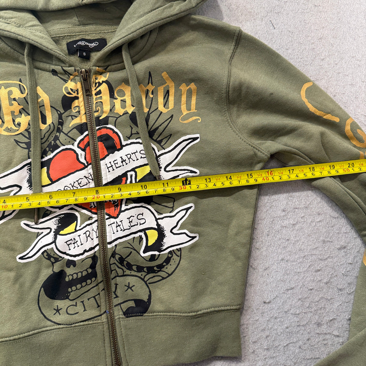 Ed Hardy Broken Hearts Cropped Zip Up Hoodie Olive Size S photo 4