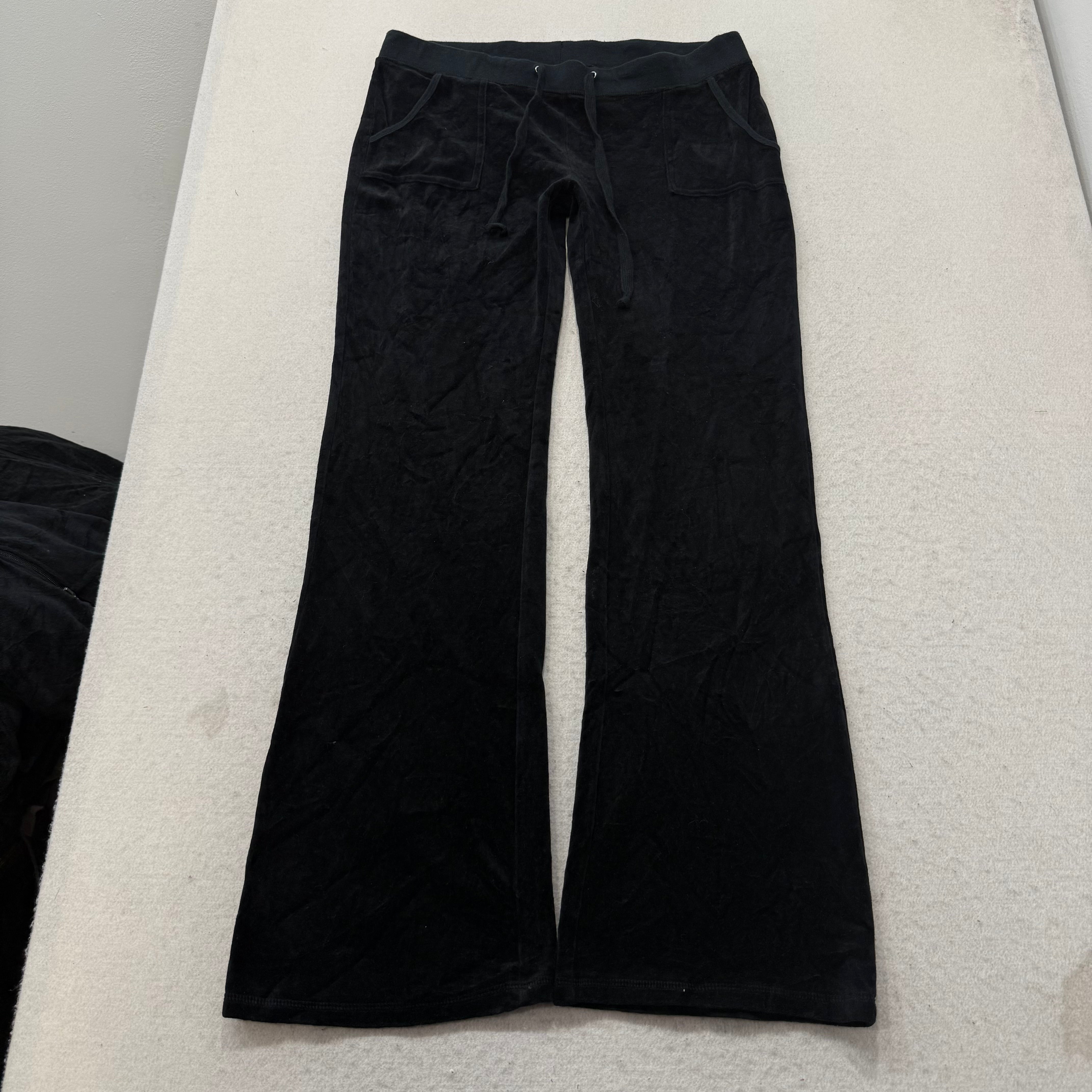 Vintage Juicy Couture Women's Black Velour Flared Track Pants Pockets Y2k Size L