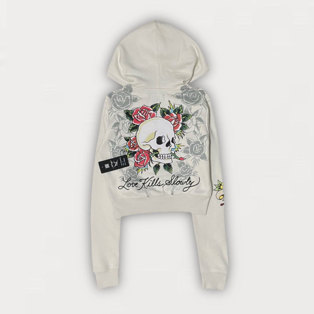 ED HARDY “triple hearts” stone cropped zip up hoodie