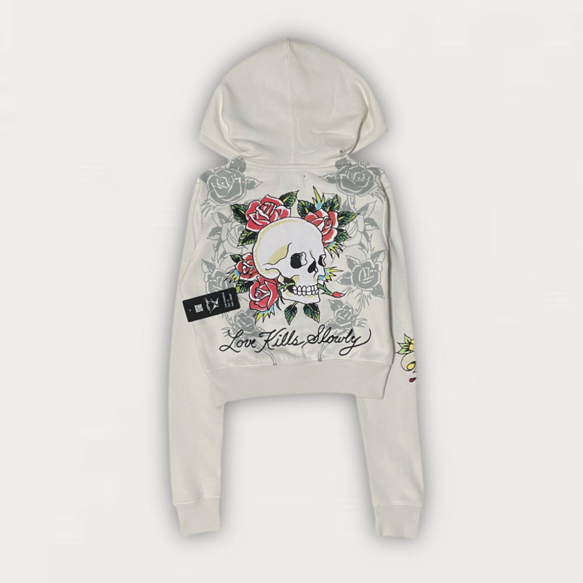 ED HARDY “triple hearts” stone cropped zip up hoodie
