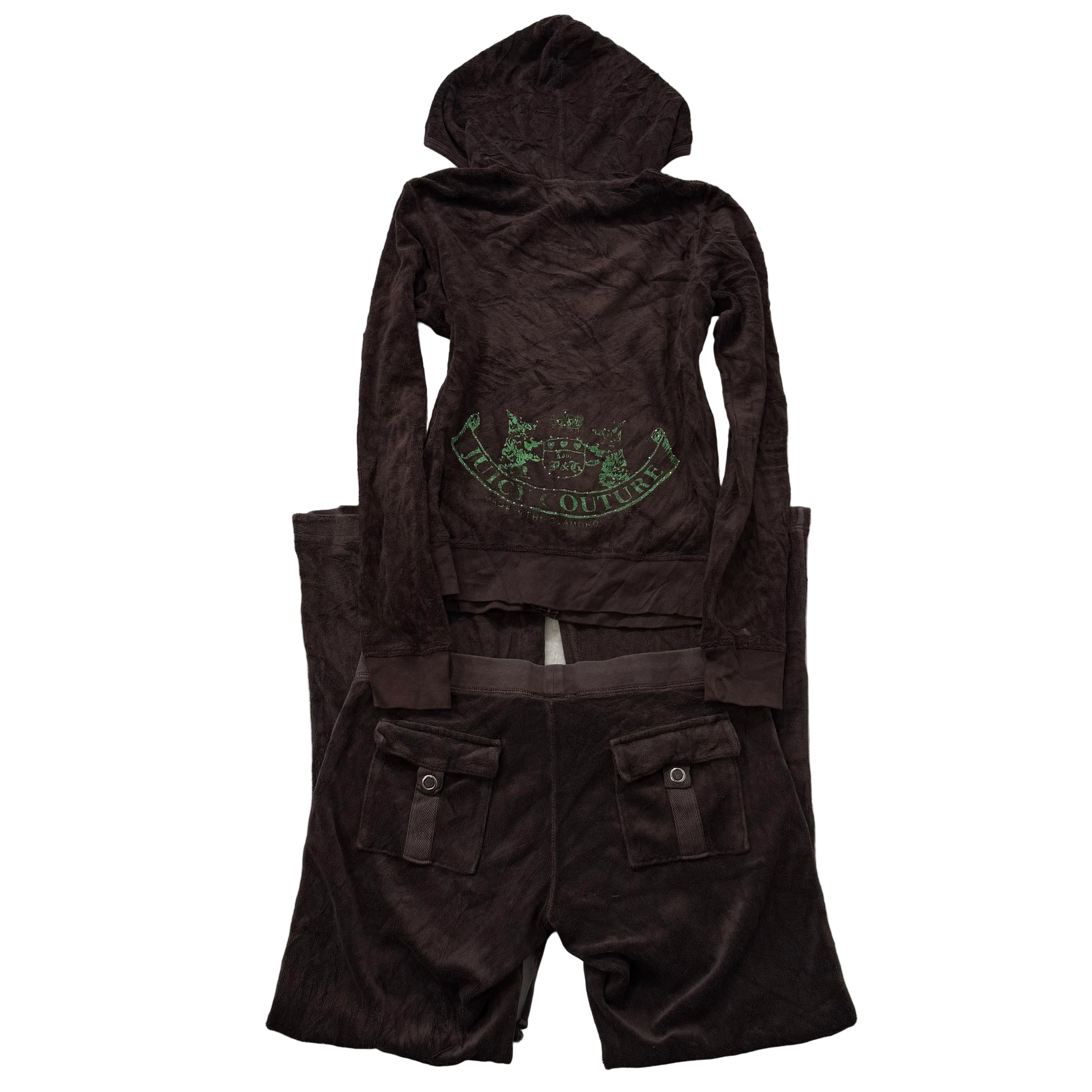 Juicy Couture Brown Terry cloth Tracksuit Set Zip Up Hoodie & Flared Pants Y2k Size M